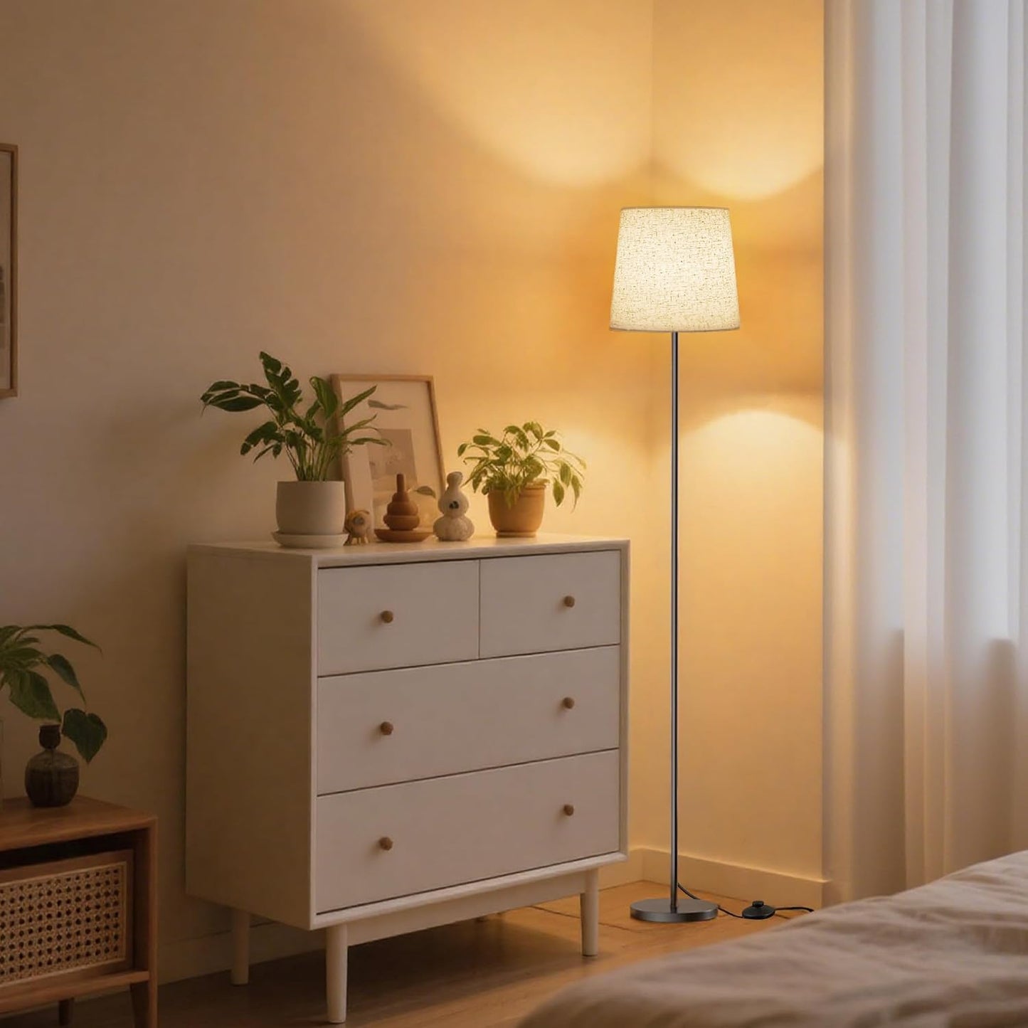 Floor Lamp with Linen Shade - 62" Dimmable LED Standing Lamp with Remote Control, 9W E26 Bulb Included, 3000-6000K, Modern Floor Reading Light for Bedroom Living Room Office Corner, Black