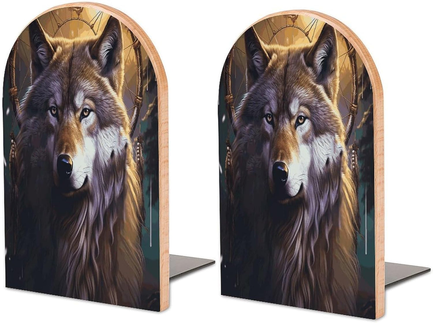 Wolves and Dream Catchers Bookend for Shelves Wooden Book End Large Size Sturdy Book Holders Stoppers with Metal Base for Bookshelves Slick Decorative Bookends Stands