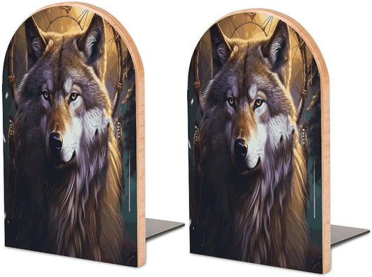 Wolves and Dream Catchers Bookend for Shelves Wooden Book End Large Size Sturdy Book Holders Stoppers with Metal Base for Bookshelves Slick Decorative Bookends Stands