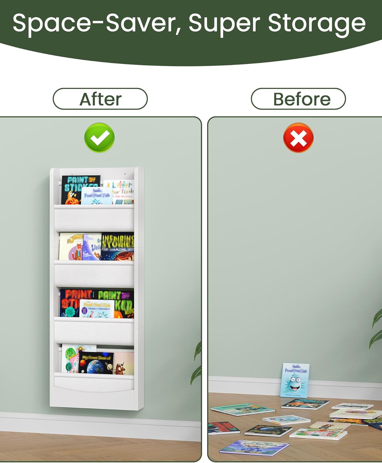 Wall Mounted Kids Bookshelf, 4 Tier Fabric Book Shelf for Kids Rooms, Bookshelf Organizer for Nursery, Classroom, Door Behind, Holds Books, Toys, White MCW40WB