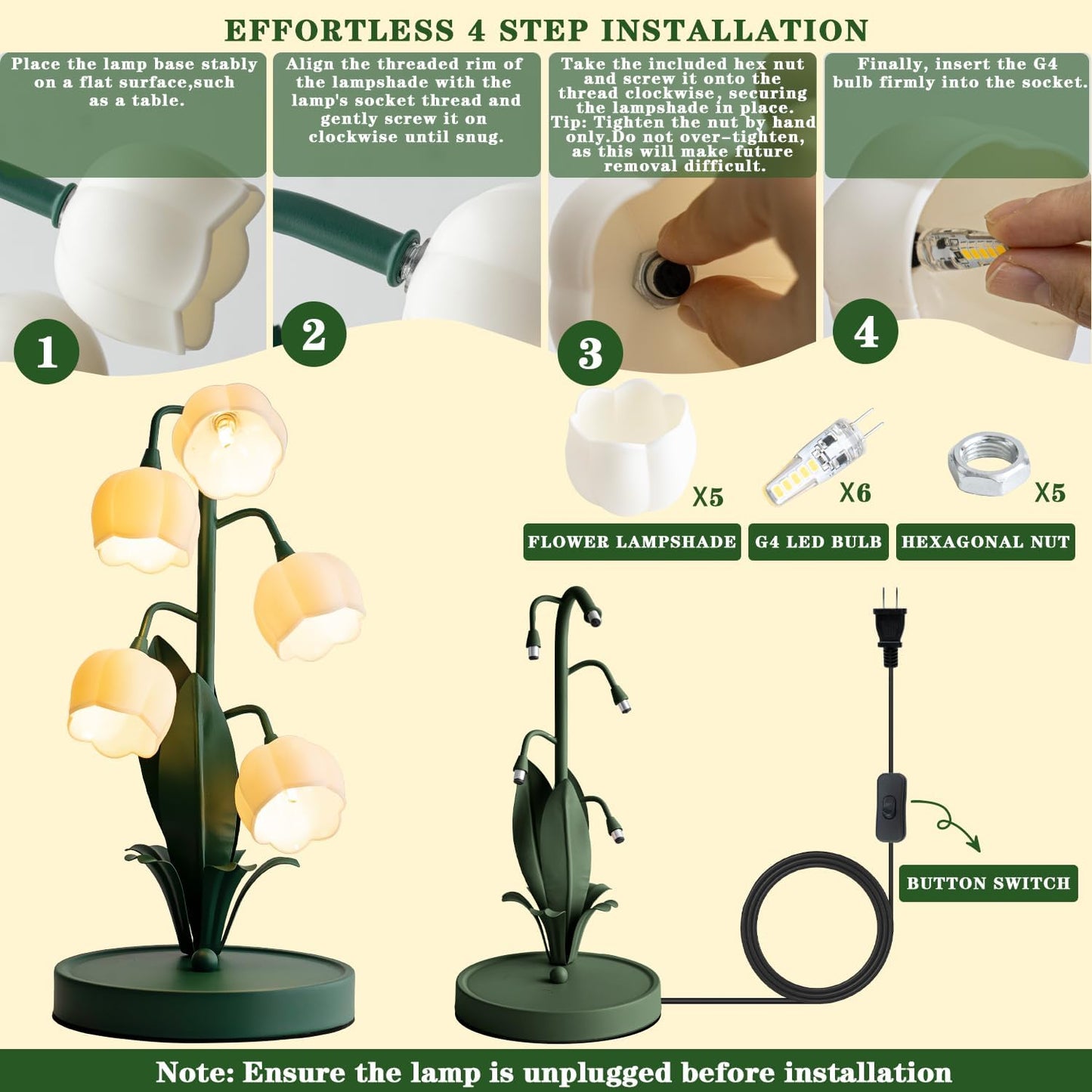 Flower Table Lamp, Lily of The Valley Lamp for Bedside Accent 3 Color Modes Cottagecore Soft Reading Night Light for Bedroom, Corner, Dorm, Entrance Home Vintage Decor (Dark Green)
