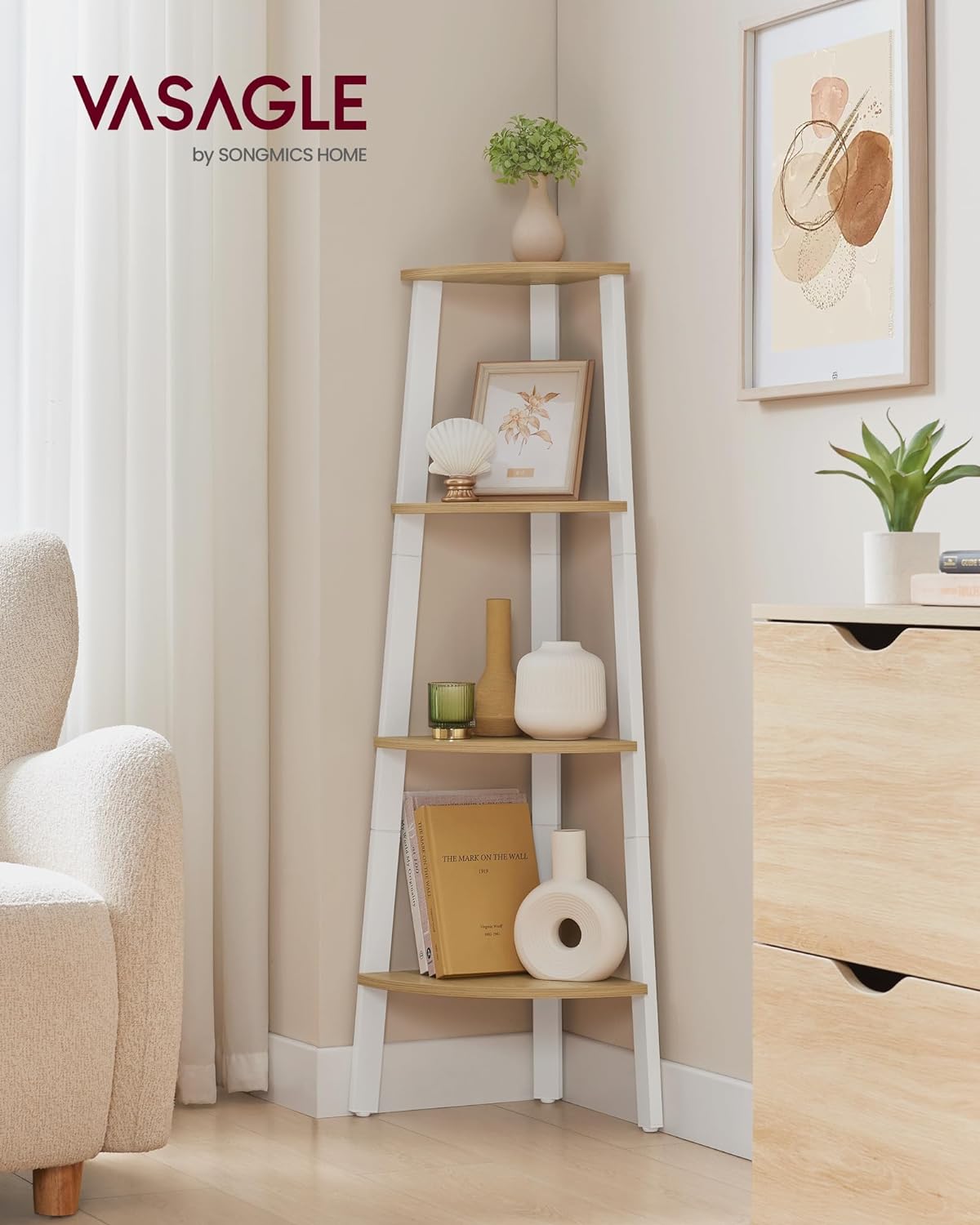 VASAGLE Corner Shelf Stand, 4-Tier Corner Bookshelf, Industrial Ladder Shelf, Plant Stand for Living Room, Office, Kitchen, Natural Oak and Matte White ULLS034Y70