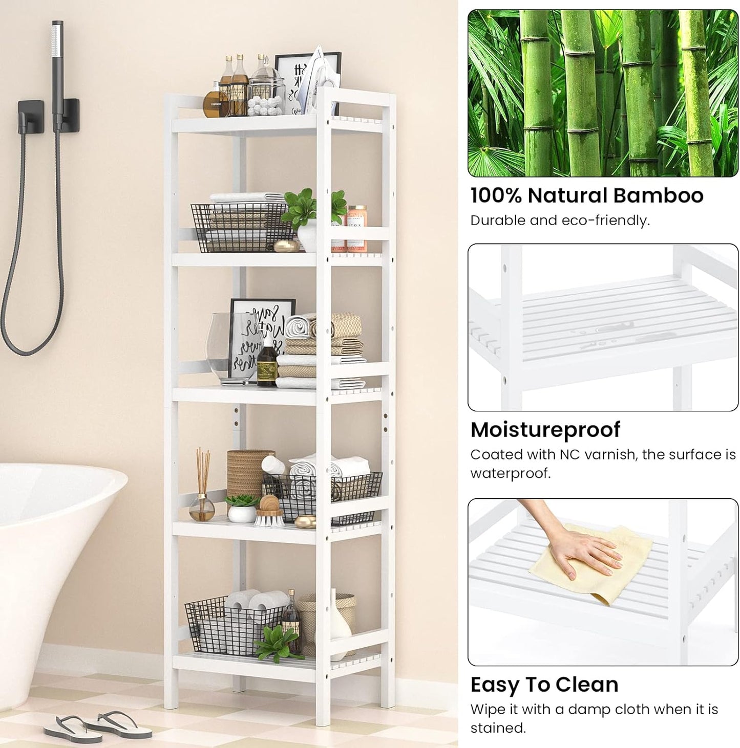 Homykic Bamboo Bookshelf, 5-Tier Narrow 55.9” Adjustable Book Shelf Bookcase Bathroom Shelves Freestanding Storage Stand for Living Room, Bedroom, Kitchen, Rust Resistance, Easy Assembly, White