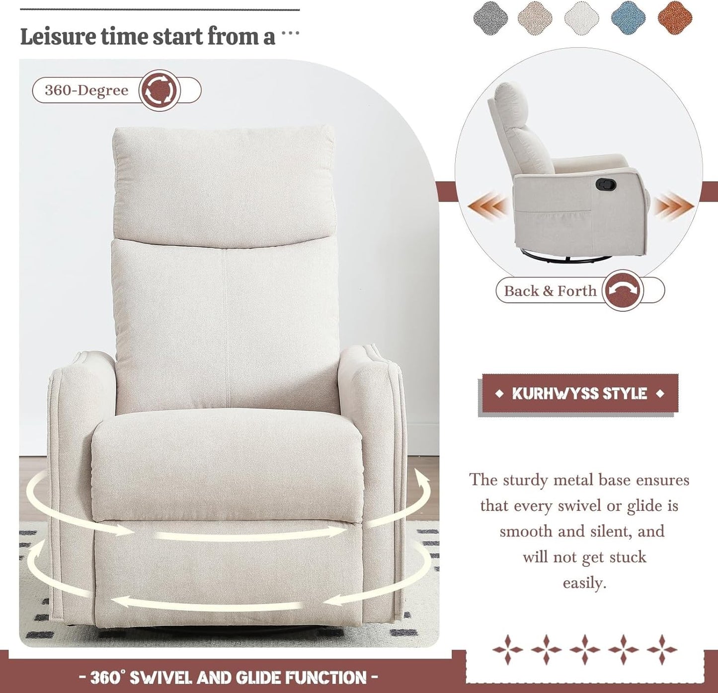 Rocking Recliner Chair with Heat and Massage Modern 360 Swivel Glider Chairs Reclining Backrest and Footrest for Adults Bedroom Living Room Office