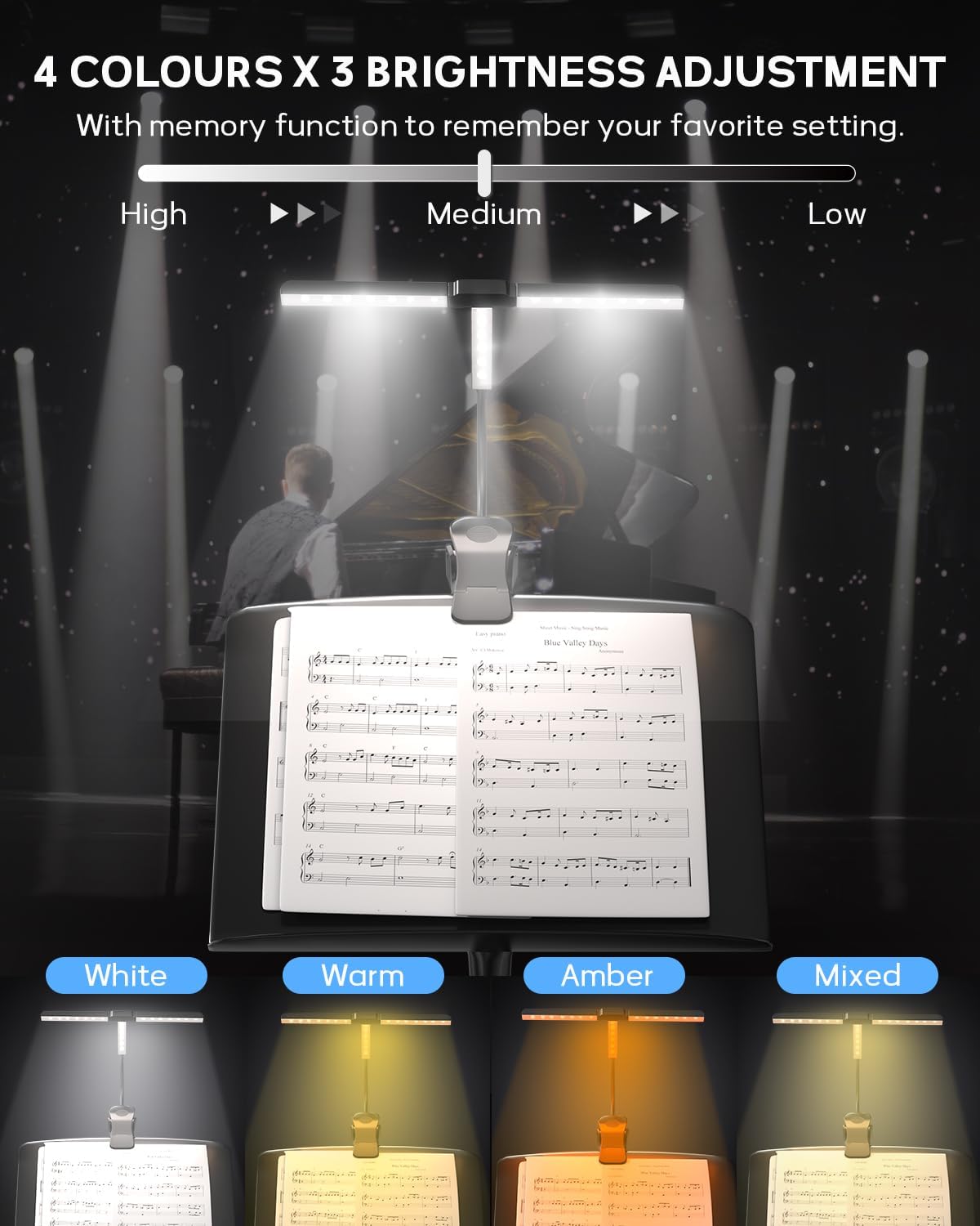 T-Shape Clip On Lamp Rechargeable Music Stand Light, 57 LEDs Painting Light 4 Colors x 3 Brightness, for Sheet Music, Easel, Bed Headboard, Desk, Shelf, Piano
