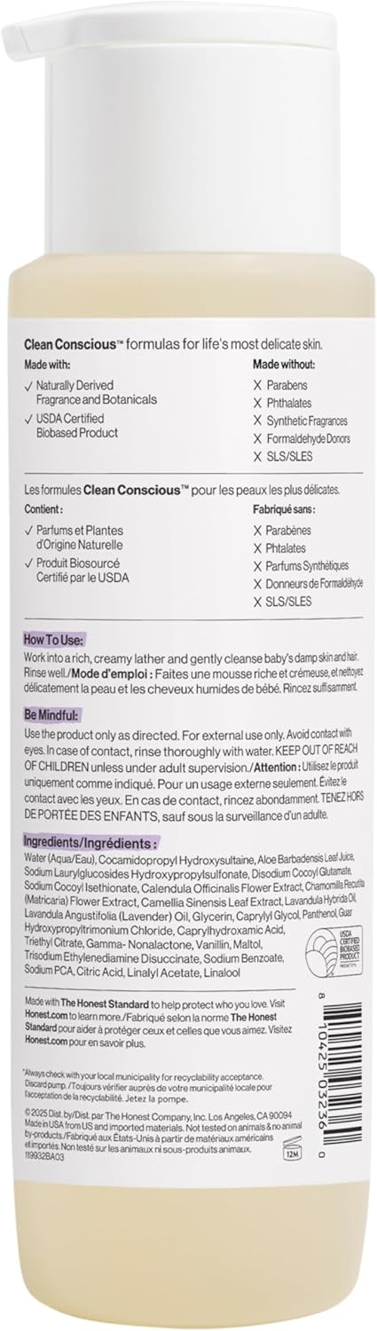 The Honest Company 2-in-1 Cleansing Shampoo Body Wash Gentle for Baby, Naturally Derived, Tear-free, Hypoallergenic, Lavender Calm, 18 fl oz