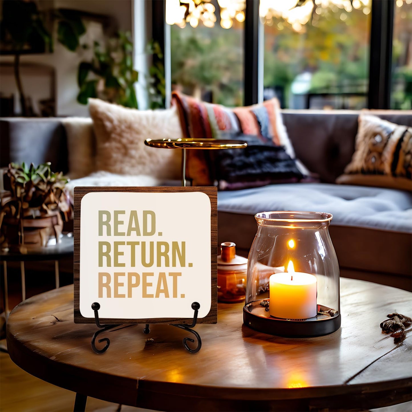 Skip Tiger Read Return Repeat Wooden Desk Sign,Book Character Librarian Life Wooden Plaque With Stand Decor For School Library Table,Reading Decorativesignage Gifts For Women Book Lovers,5x5 Inch