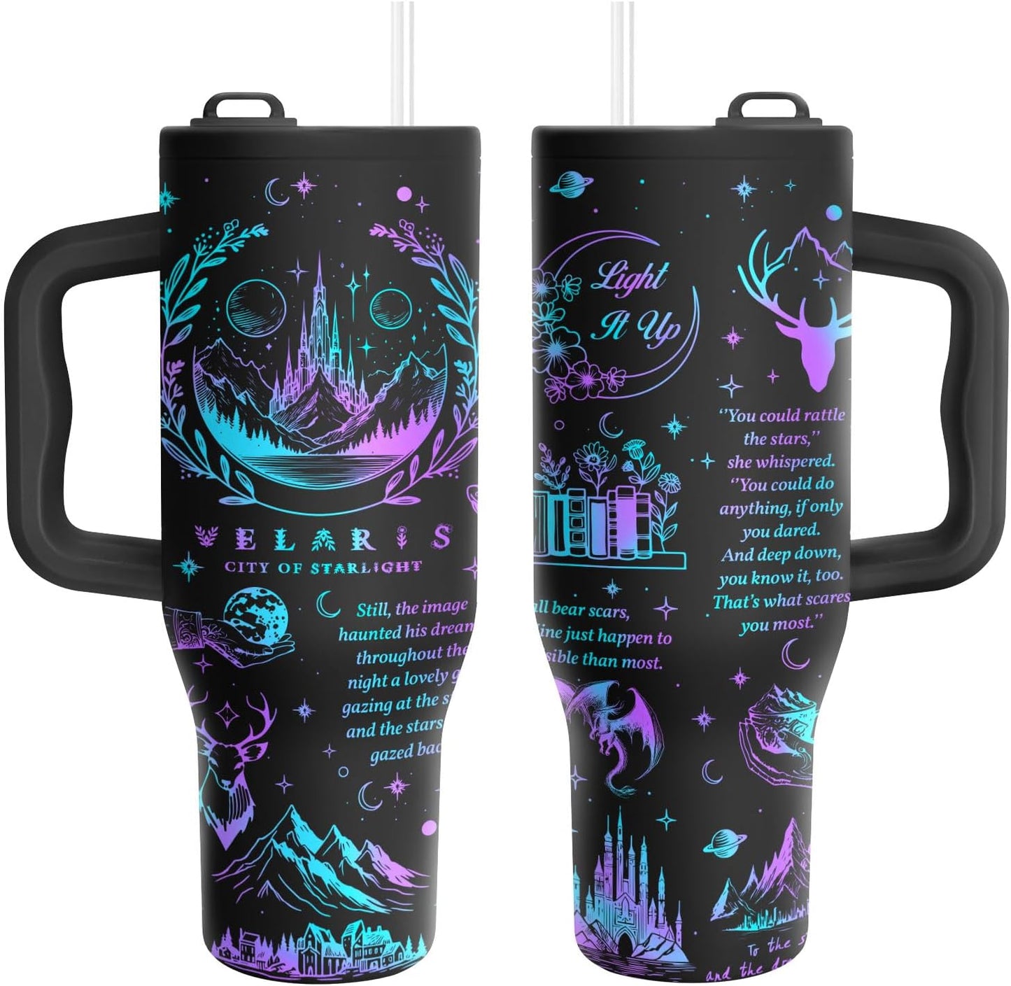 34HD Starlight Tumbler 40oz with Handle and Straw, Fantasy Light It Up Stainless Steel Insulated Travel Coffee Mug, Dark Cup for Book Lovers - Birthday Gifts, Bookish Items for Him Her & Reading Fan