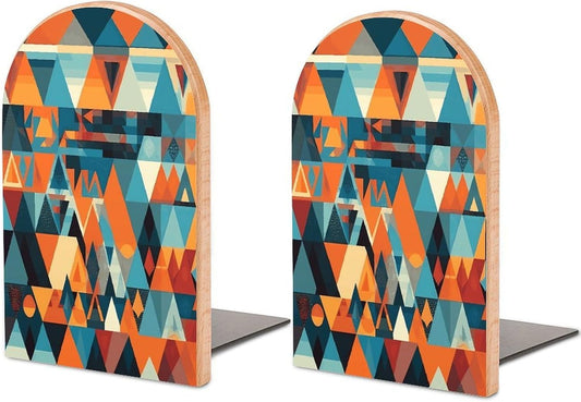 Colorful Geometric Shapes Bookends 1 Pair Heavy Duty Book Ends for Shelves Non-Skid Bookend Supports Wooden Book Holders with Metal Base Desk Organizers Books Storage to Hold Books