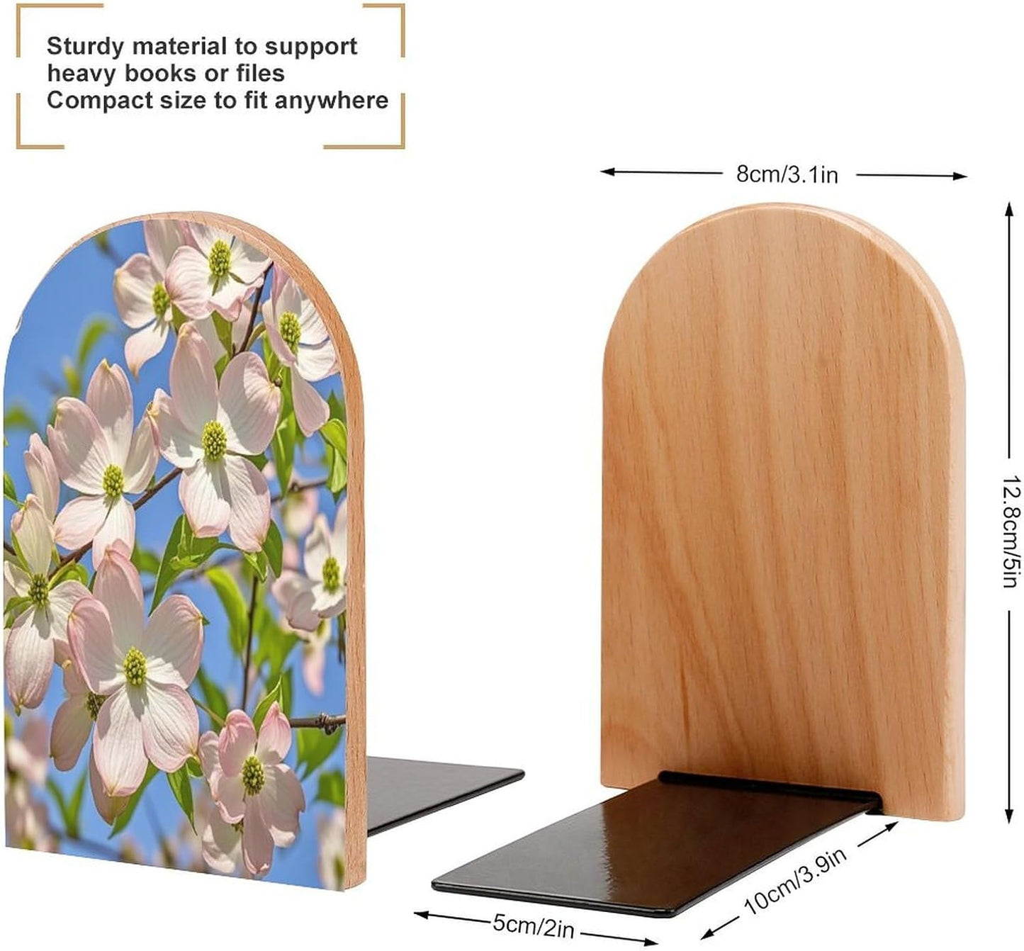 Spring Dogwood Blossoms Bookends 1 Pair Heavy Duty Book Ends for Shelves Non-Skid Bookend Supports Wooden Book Holders with Metal Base Desk Organizers Books Storage to Hold Books