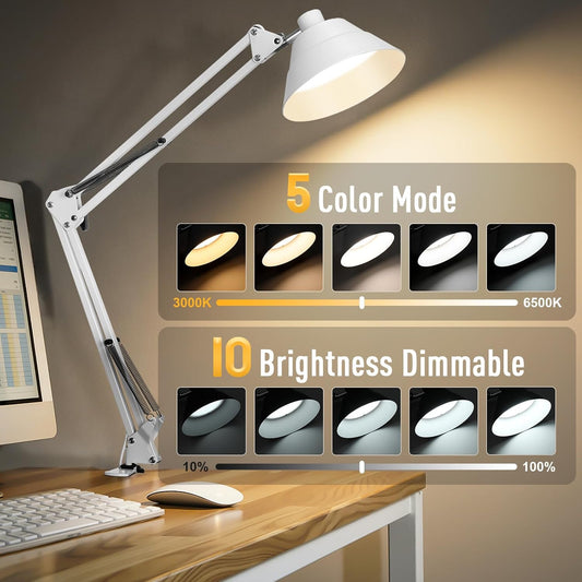 Led Desk Lamp for Home Office - Swing Arm Desk Lamp with Clamp - Architect Adjustable Gooseneck Table Lamp with 5 Color Modes & 10 Brightness for Reading Working Drafting (White)