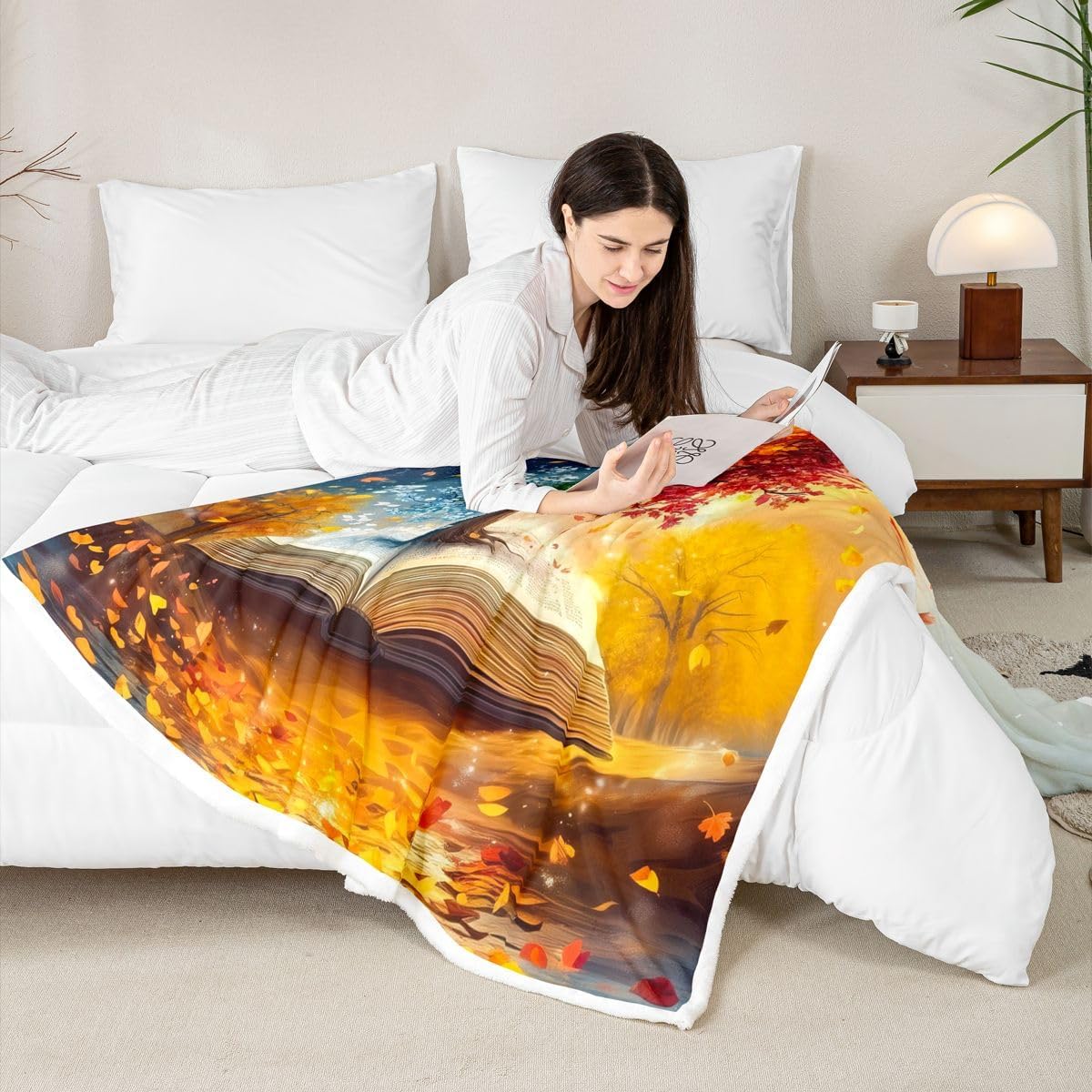 Manfei Life Tree Throw Blanket Book Reading Lover Soft Cozy Fluffy Blanket for Bed Sofa Couch Rustic Style Fall Leaves Blankets Plush for Kids Adults Room Decor 30"x40" Orange Blue
