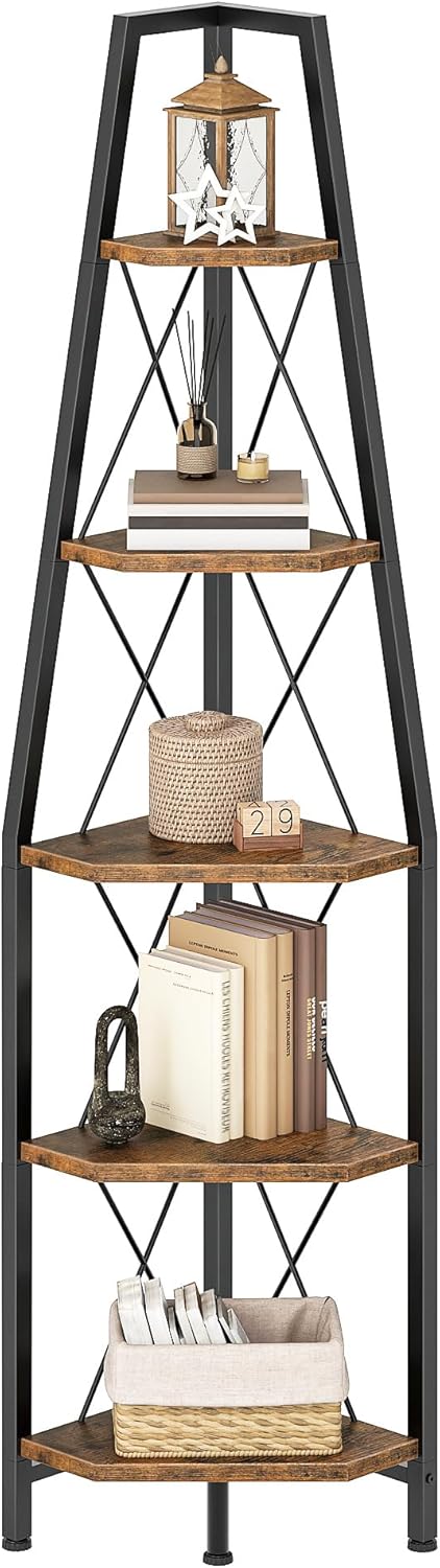 5-Tier Corner Shelf, Corner Bookshelf, Ladder Shelf, Floor Standing Storage Rack, Open Display Stand, Plant Stand, for Living Room, Bedroom, Study, Bathroom, Rustic Brown and Black TCJ22BF