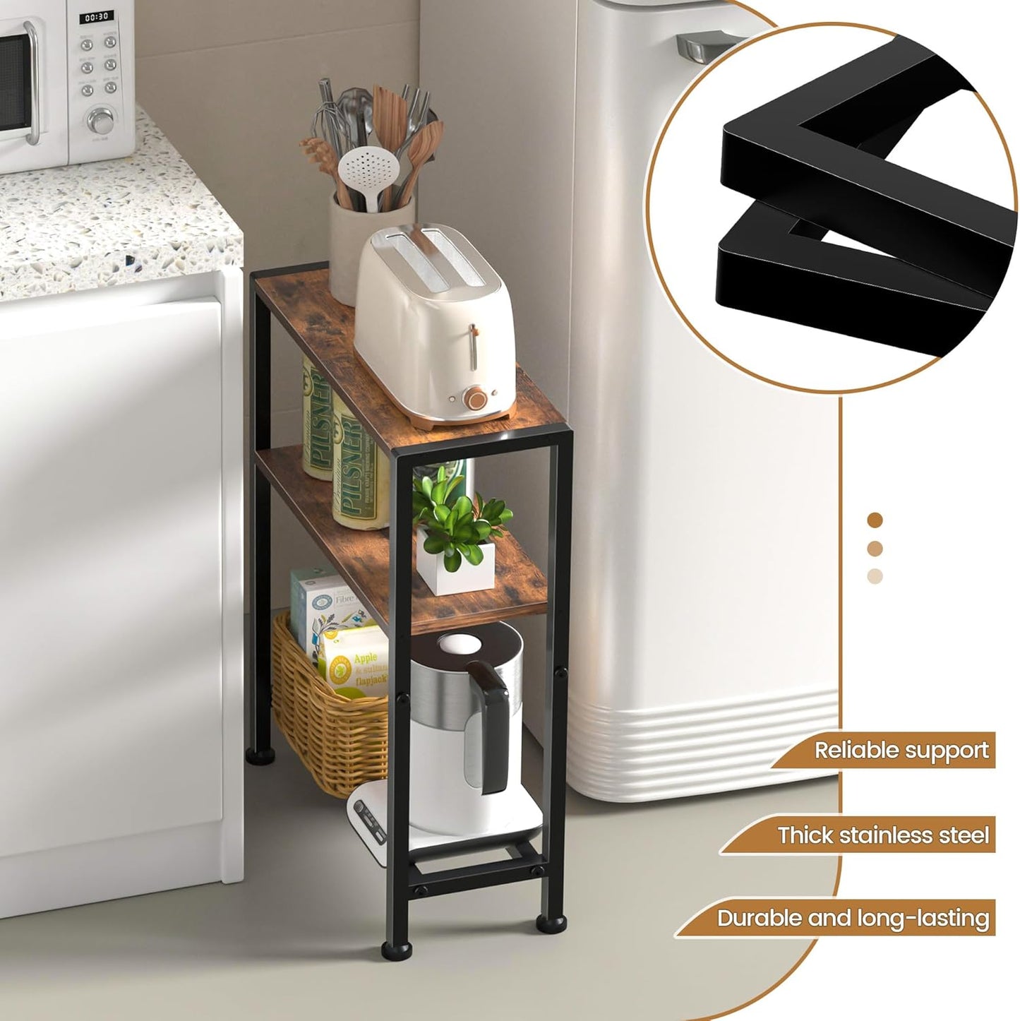 Narrow Side Table for Small Space, 2-Tier Small End Table with Shelf Holder, Slim Nightstand, Skinny Snack Couch Table in Living Room, Bedroom, Study, Kitchen and Balcony (Rustic Brown &Black)