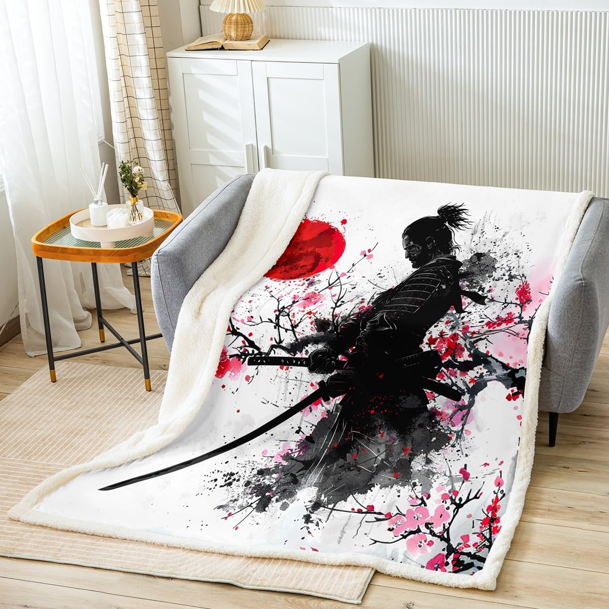 Feelyou Japanese Samurai Fleece Throw Blanket Twin 60"x80" Kids Cherry Blossoms Plush Blanket for Boys Girls Teens Red Sun Pattern Home Decor Sherpa Blanket Fuji Mountain Fuzzy Blanket