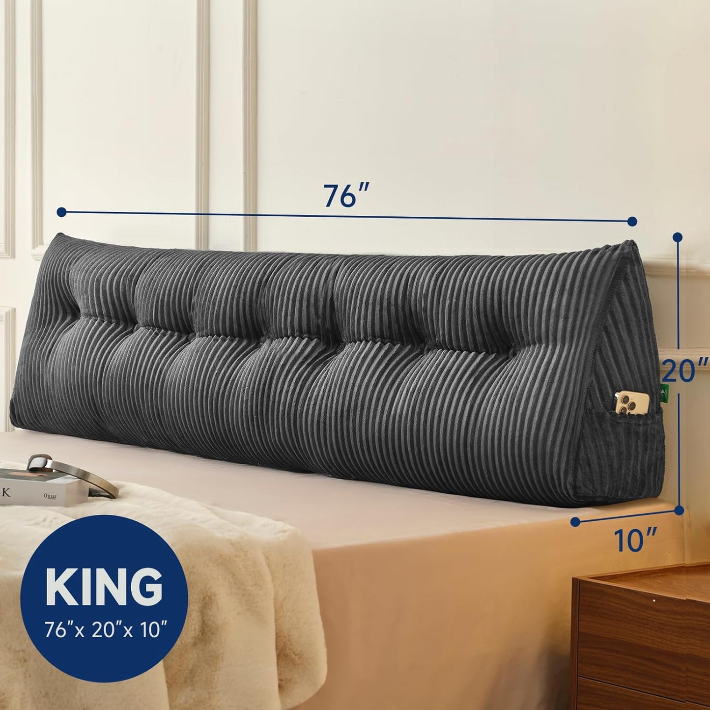 Z-hom King Headboard Pillow, Triangular Wedge Reading Pillow for Bed or Sofa, Ergonomic Backrest Cushion for Sitting Up, Reading or Relaxing, with Side Pocket，Removable Washable Cover,Grey