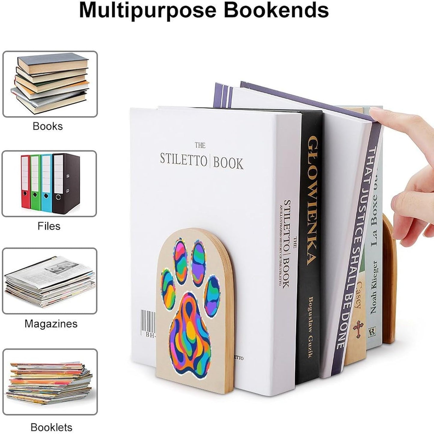 Colorful Dog Paw Print Bookends 1 Pair Heavy Duty Book Ends for Shelves Non-Skid Bookend Supports Wooden Book Holders with Metal Base Desk Organizers Books Storage to Hold Books