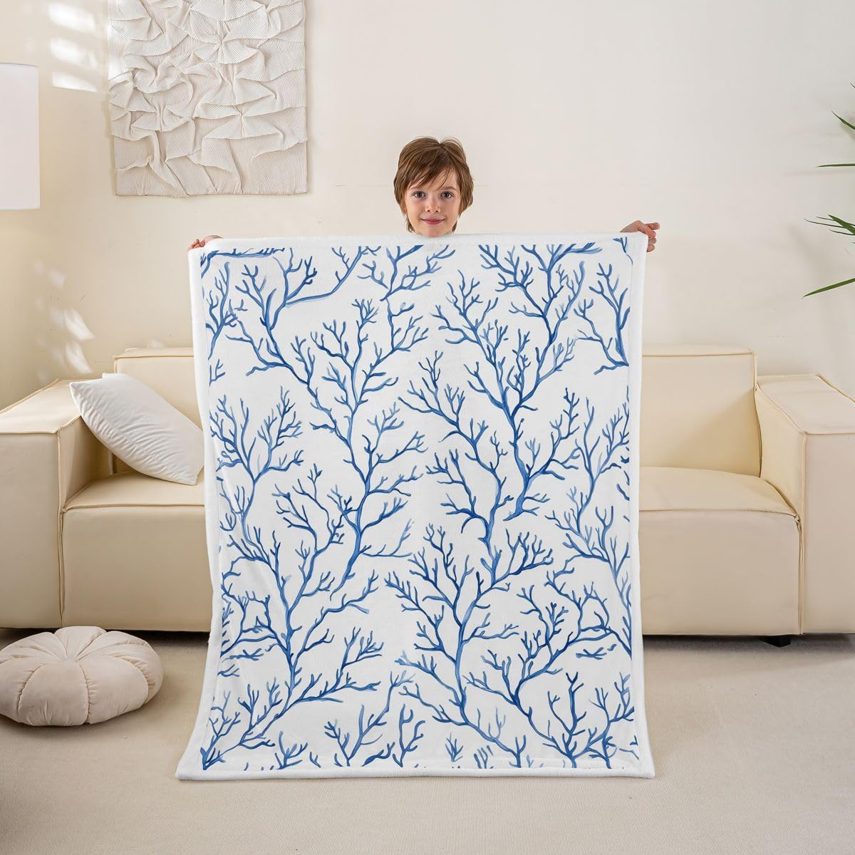 Feelyou Nautical Coastal Sherpa Throw Blanket for Couch Beach Ocean Coral Super Soft Cozy Fleece Blue Blanket for Winter, Plush Throw 40"x50" All Season