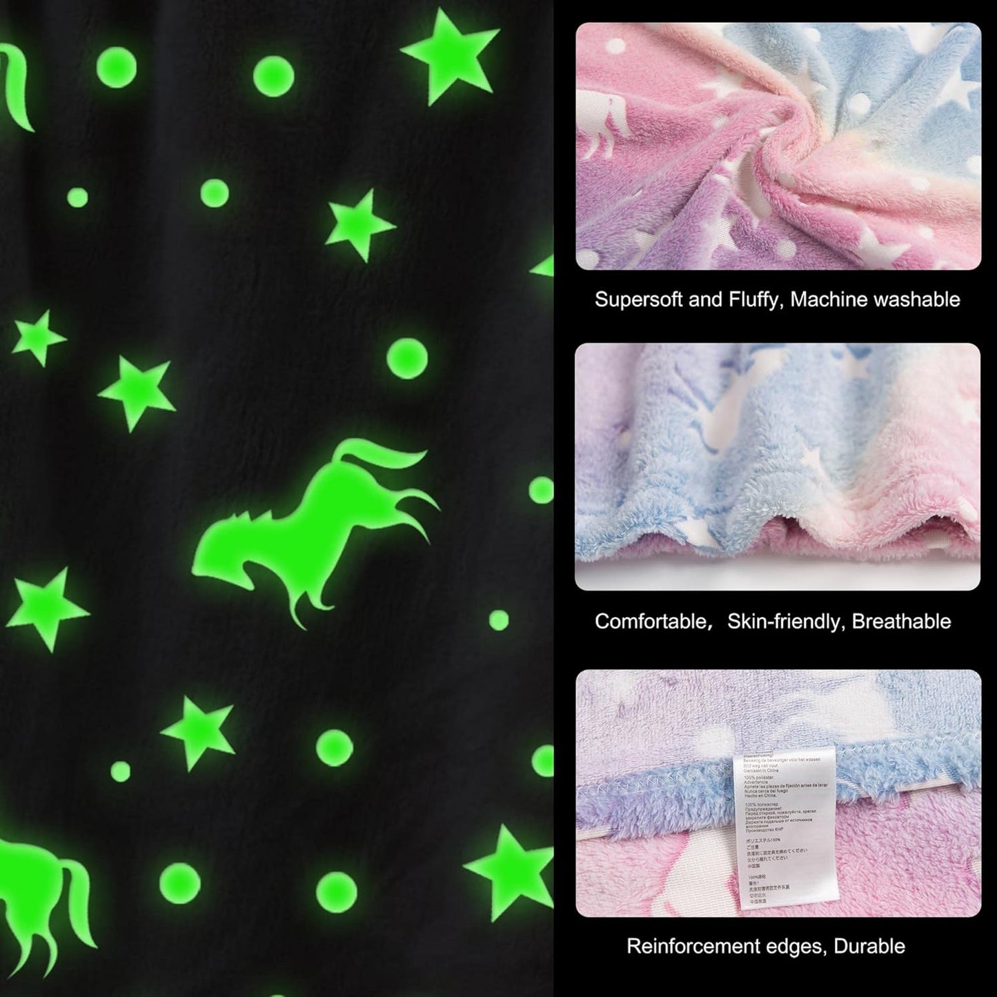 LAT Glow in The Dark Throw Blanket,Super Soft Fuzzy Plush Flannel for Girls and Boys Sleeping Snuggle Blanket,All Seasons for Bed or Sofa,50 * 60 Inch (Rainbow Unicorn)