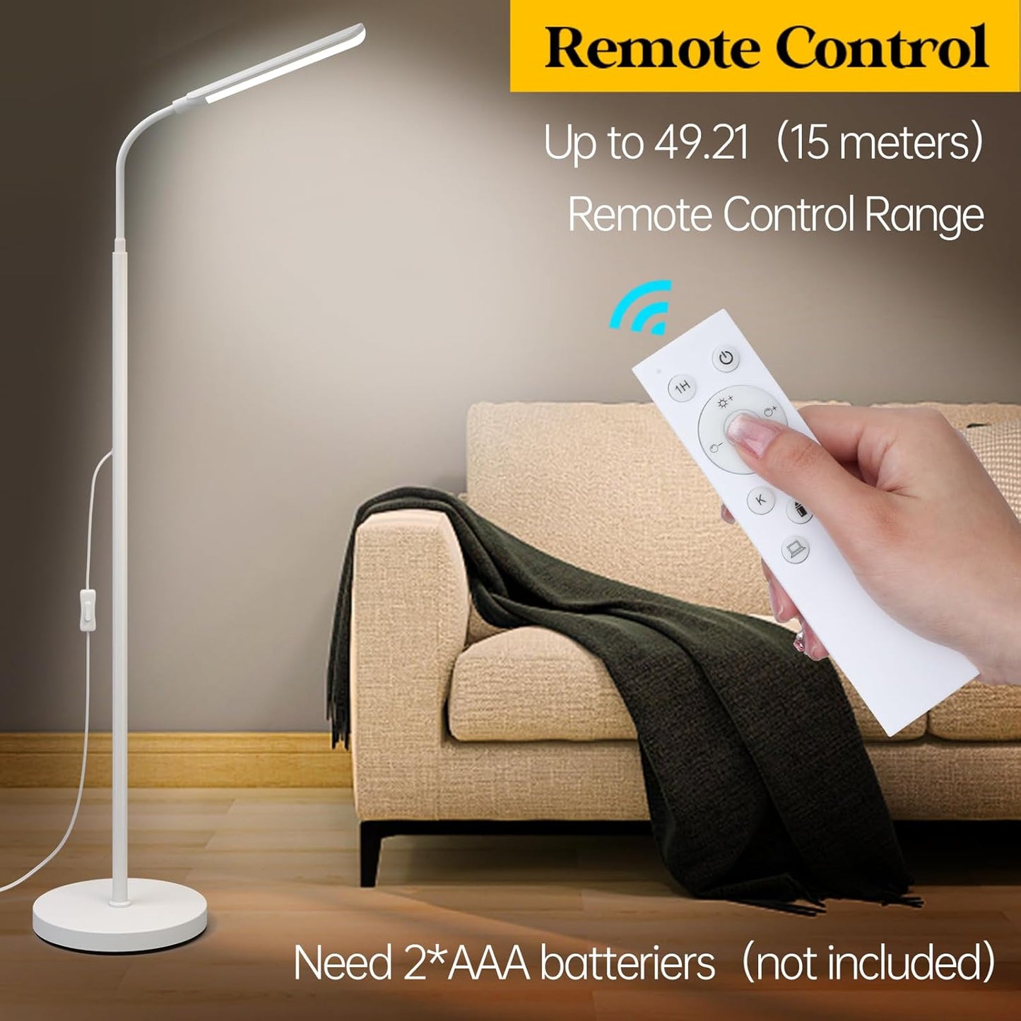 LED Floor Lamp, 18W Super Bright Floor Lamp for Living Room, Adjustable Stepless Colors & Brightness Standing Lamp, Eye Caring Reading Light with Remote (White)