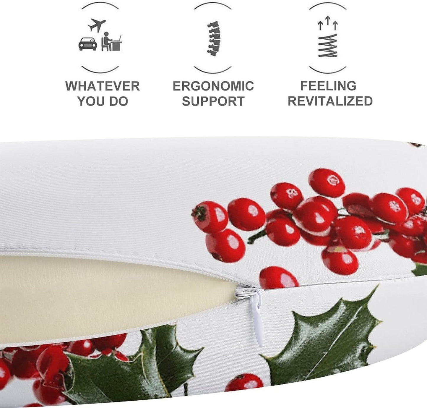 Holly Berry Branches Neck Pillow Memory Foam U Shaped Pillows Portable Pillows for Shoulder Travel Head Support Pillow with Concealed Zipper for Airplane Car Home Office