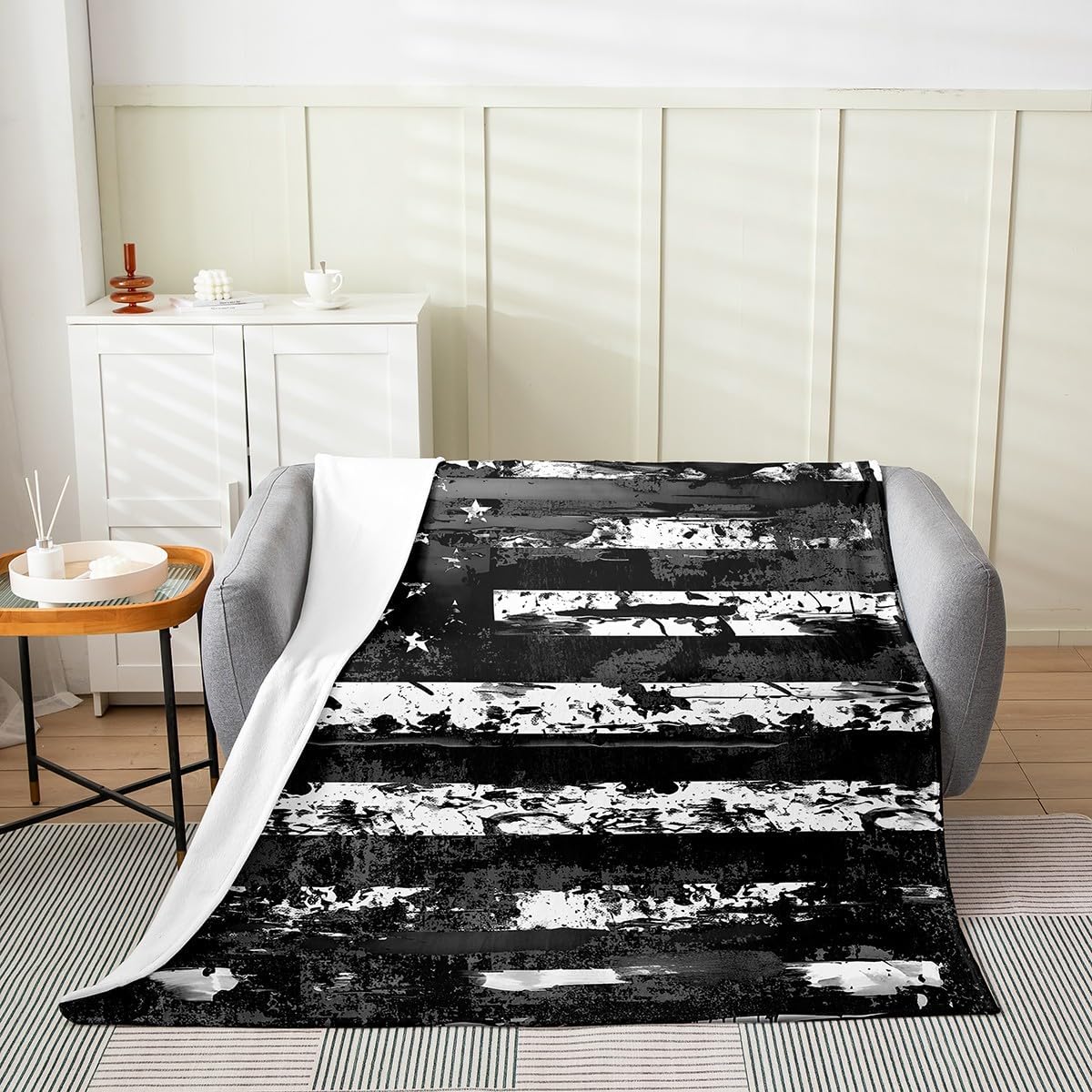 Feelyou American Flag Flannel Fleece Throw Blanket Twin 60"x80" Camouflage All Season Bed Blanket for Kids Adults Strip Lines Fuzzy Blanket Farmhouse Theme Plush Blanket Room Decor