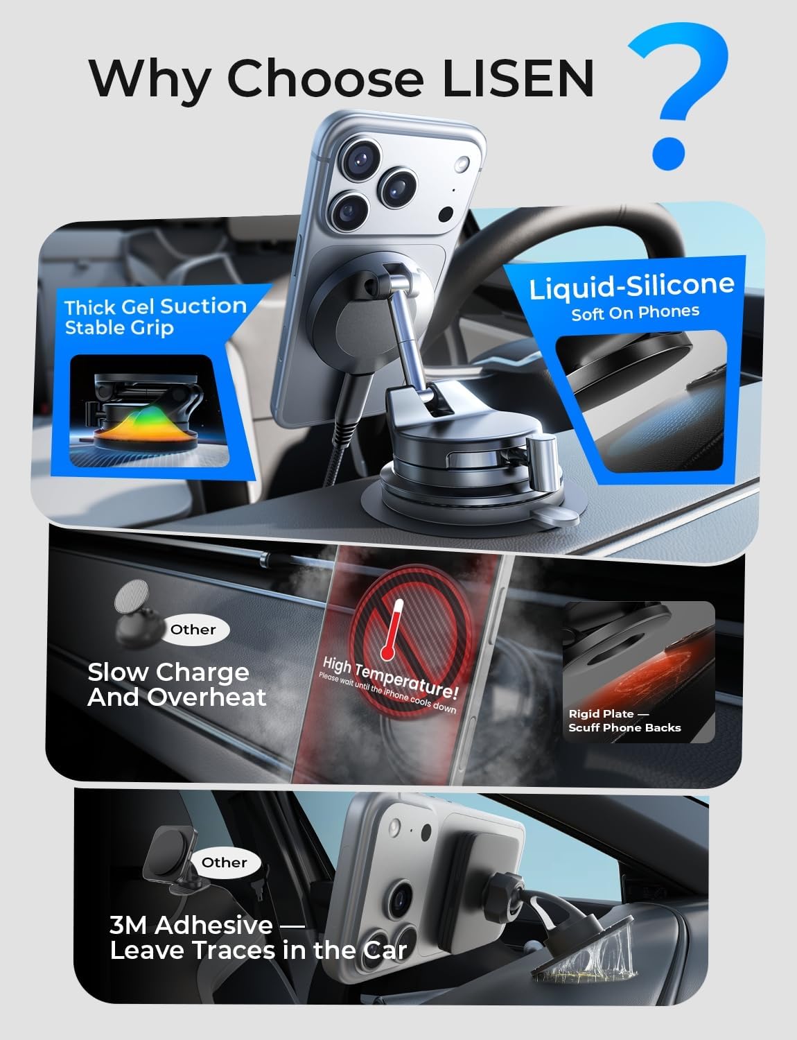 LISEN 15W Magsafe Car Mount Charger, Suction Cup Phone Mount, Magnetic Wireless Car Charger, Vacuum Magnetic Phone Holder Car Mount for iPhone 17 Pro Max 16 15 14 13 12, Samsung S26/S25, Pixel 10 Pro