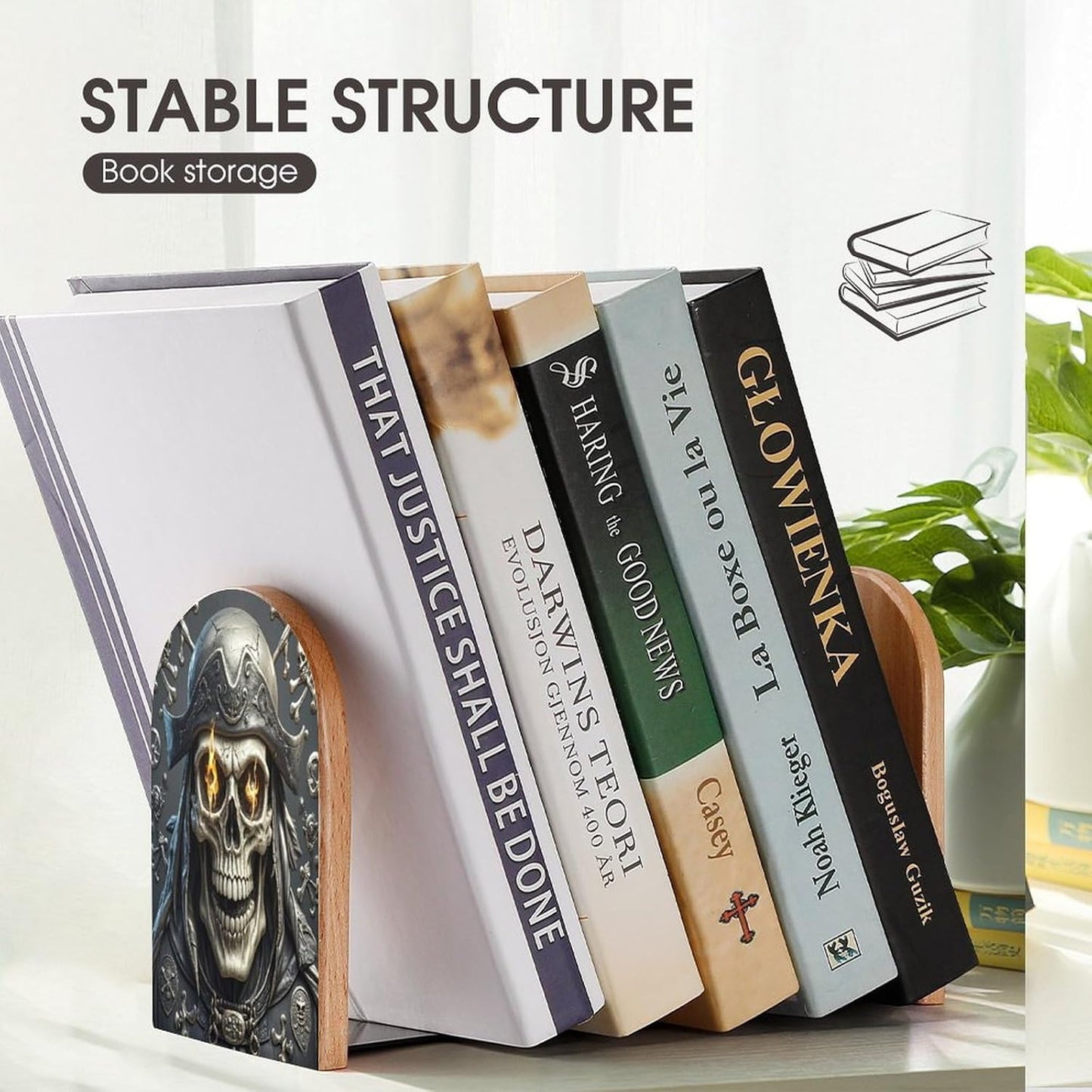 Pirate Skull Bookends 1 Pair Heavy Duty Book Ends for Shelves Non-Skid Bookend Supports Wooden Book Holders with Metal Base Desk Organizers Books Storage to Hold Books