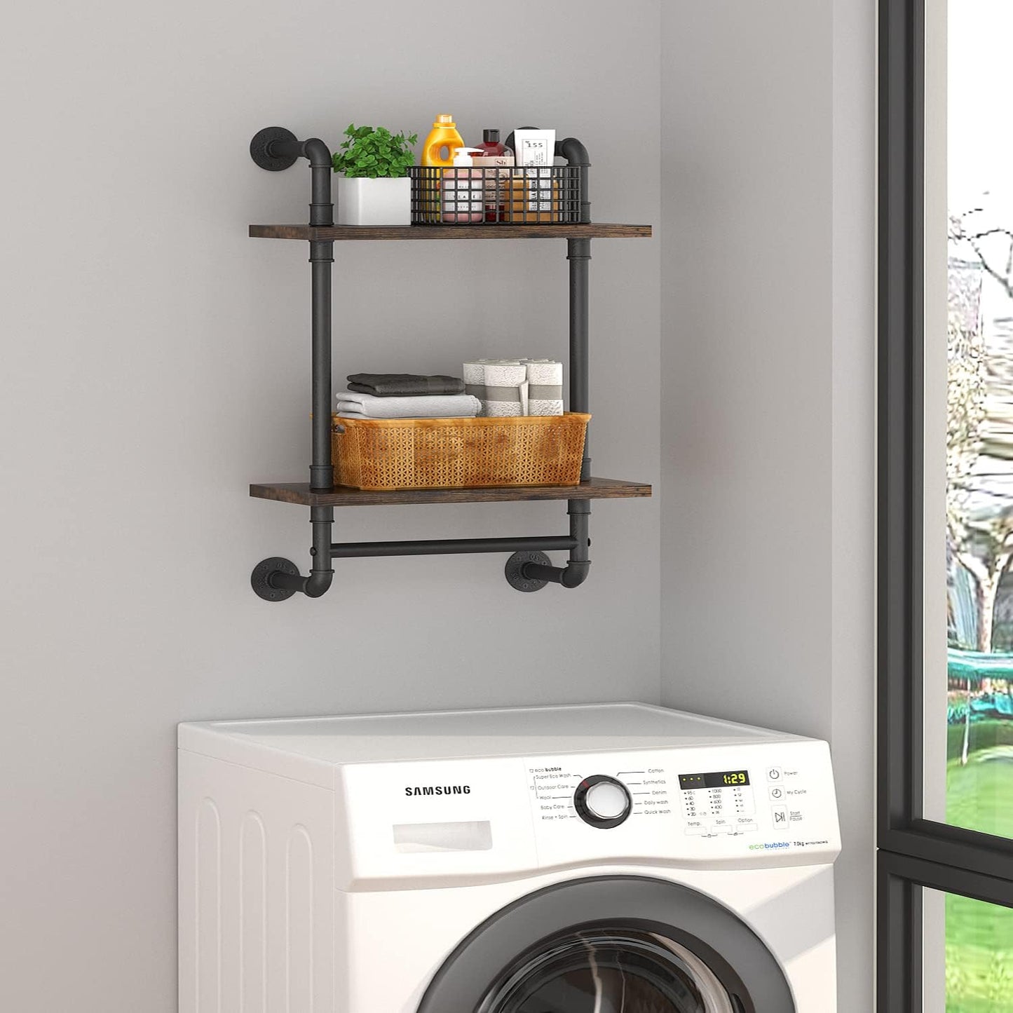 Helsin Industrial Pipe Floating Bathroom Shelves Wall Mounted with Towel bar, 2 Tier Rustic Wood Wall Shelf, 16inch Metal Towel Rack Storage Bookshelf for Bathroom, Kitchen, Farmhouse, Living Room | with Towel bar, Wall Shelf, Towel Rack, Storage Bookshel