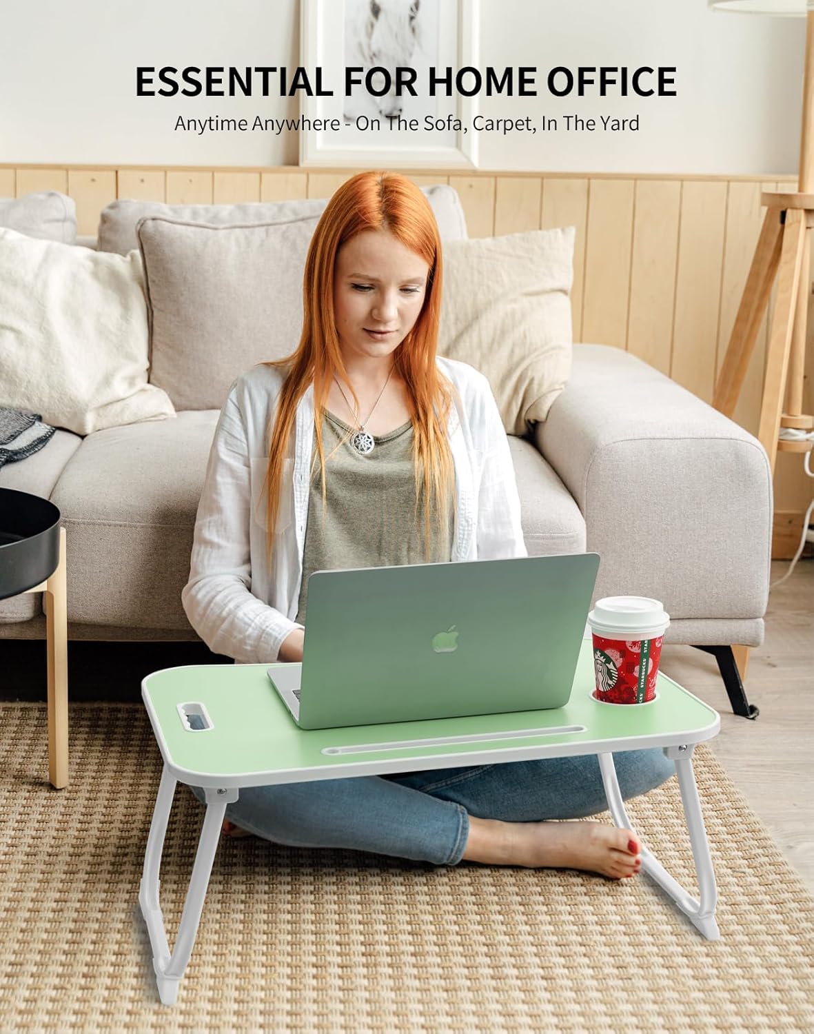 Laptop Bed Desk, Foldable Lap Desk, Portable Lap Table, Laptop Stand with Cup Holder & Tablet Slot & Lifting Handle for Working Writing Drawing & Eating - Green