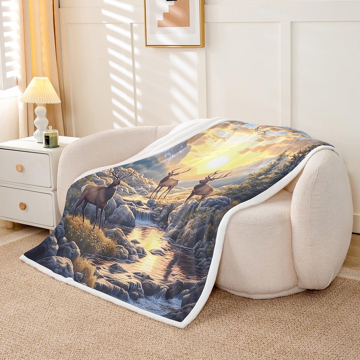 Manfei Hunt Deer Kids Throw Blanket,Natural Sunset Mountain River Bed Blanket for Boys Girls,Wildlife Rustic Animal Cabin Farmhouse Fleece Blanket,Brown Fuzzy Blanket,Queen Size (90 x 90 Inches)