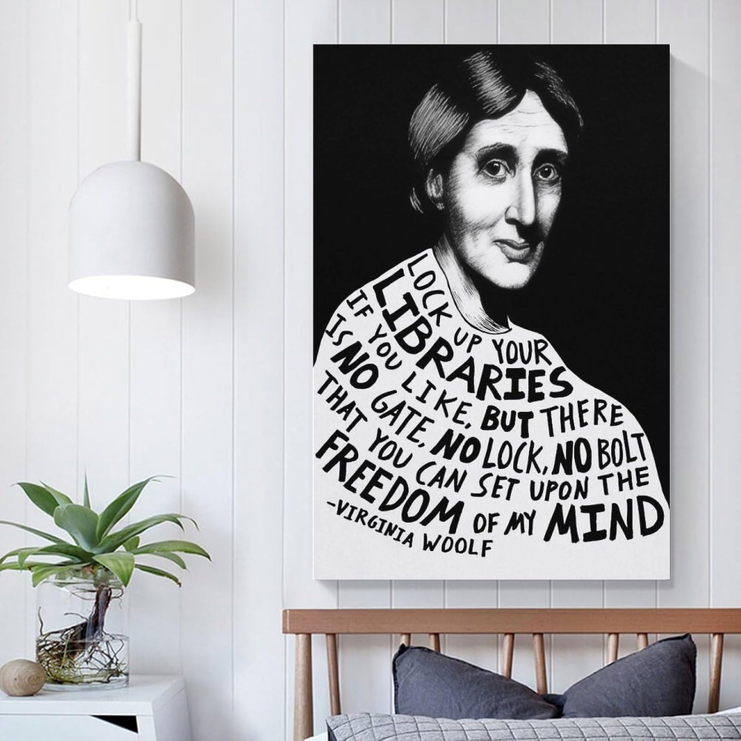 Virginia Woolf Library Freedom Quote Illustration Canvas Printing Wall Art Black White Portrait Typography Feminist Literature Prints Reading Nook Posters Book Lover Wall Decor 12x18inch(30x45cm)