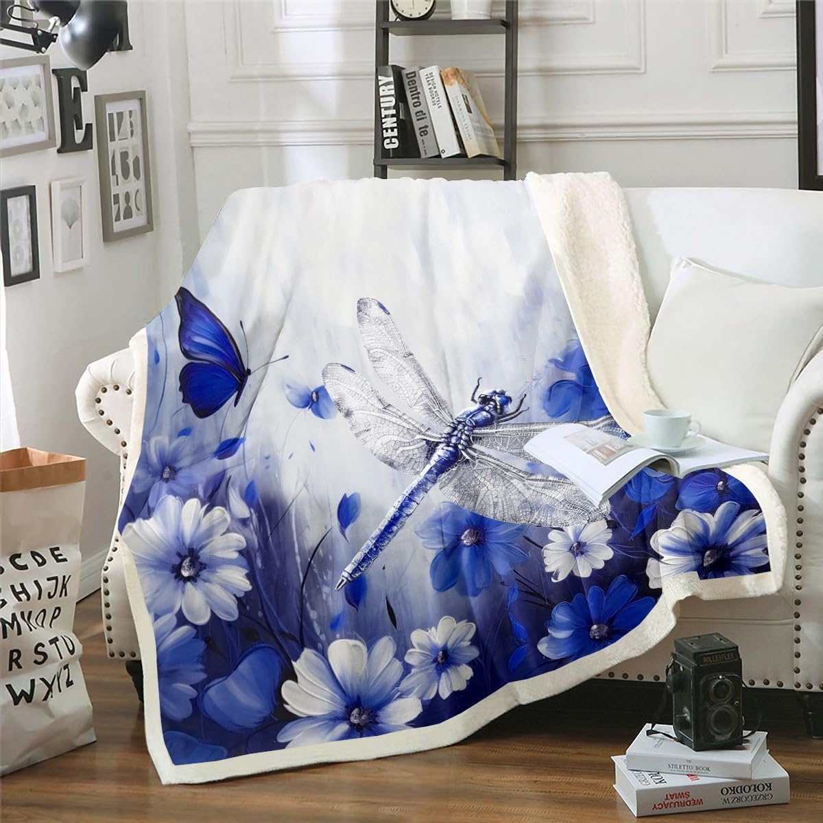 Erosebridal Dragonfly Blanket Daisy Flowers 60"x80" Throw Blanket,Navy Blue Ombre Oil Painting Fleece Blanket Graffiti Art Bed Blanket Rustic Animals Butterfly Bohemian Decor