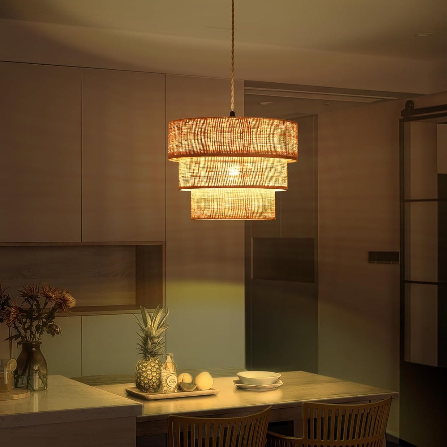 Rattan Plug in Pendant Light, 3 Tier Plug in Chandelier with Boho Wicker Lampshape Hanging Lamp, Hanging Lights with Plug in Cord for Living Room Bedroom Dinning Island,16.4ft Cord