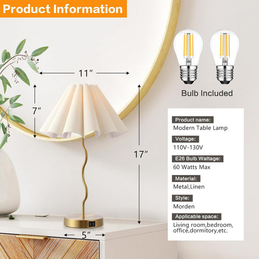 Pleated Table Lamp, Table Lamp for Bedroom, Bedside Lamps for Nightstand with Linen Lampshade, Modern Lamp for Bedroom Home Office Decor