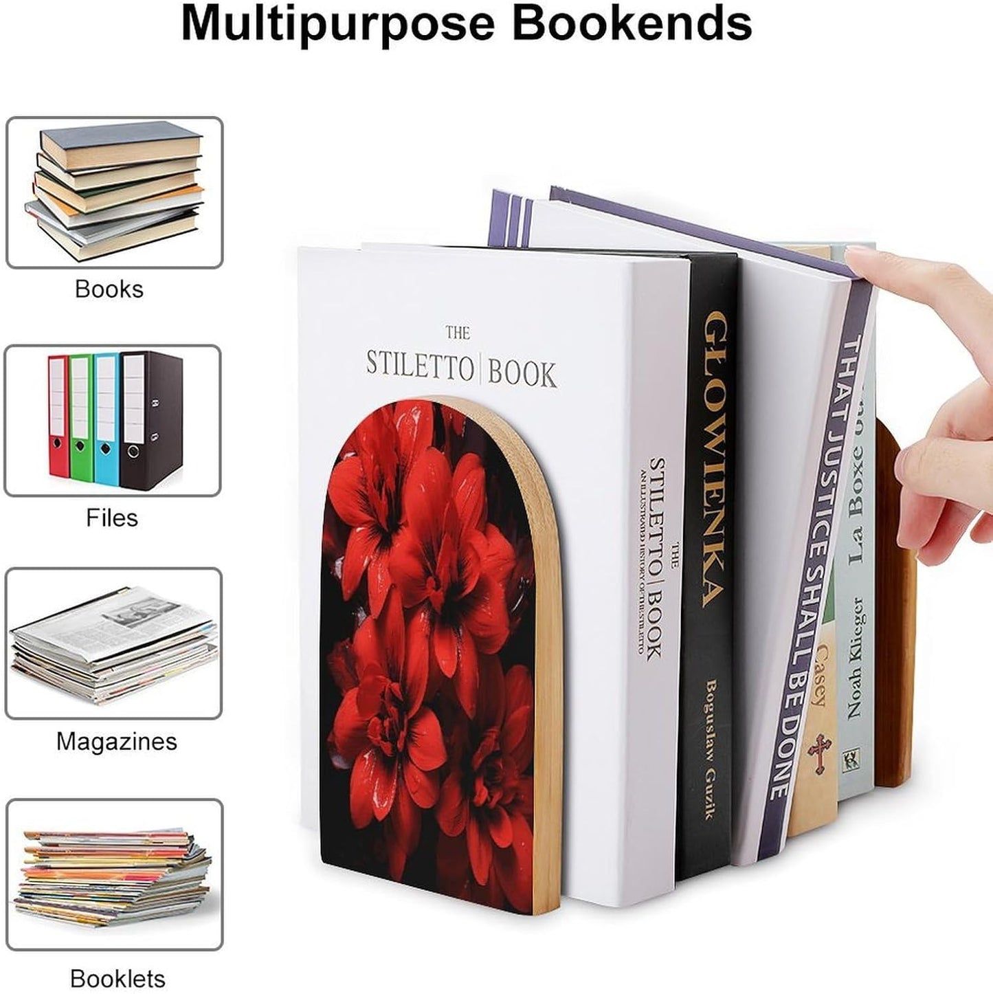 Red Flower on Black Wooden Bookend Non-Slip Book Ends Heavy Duty Book Stopper with Metal Base Books Holderd Decorative Bookends Stands Firmly for Office Supplies