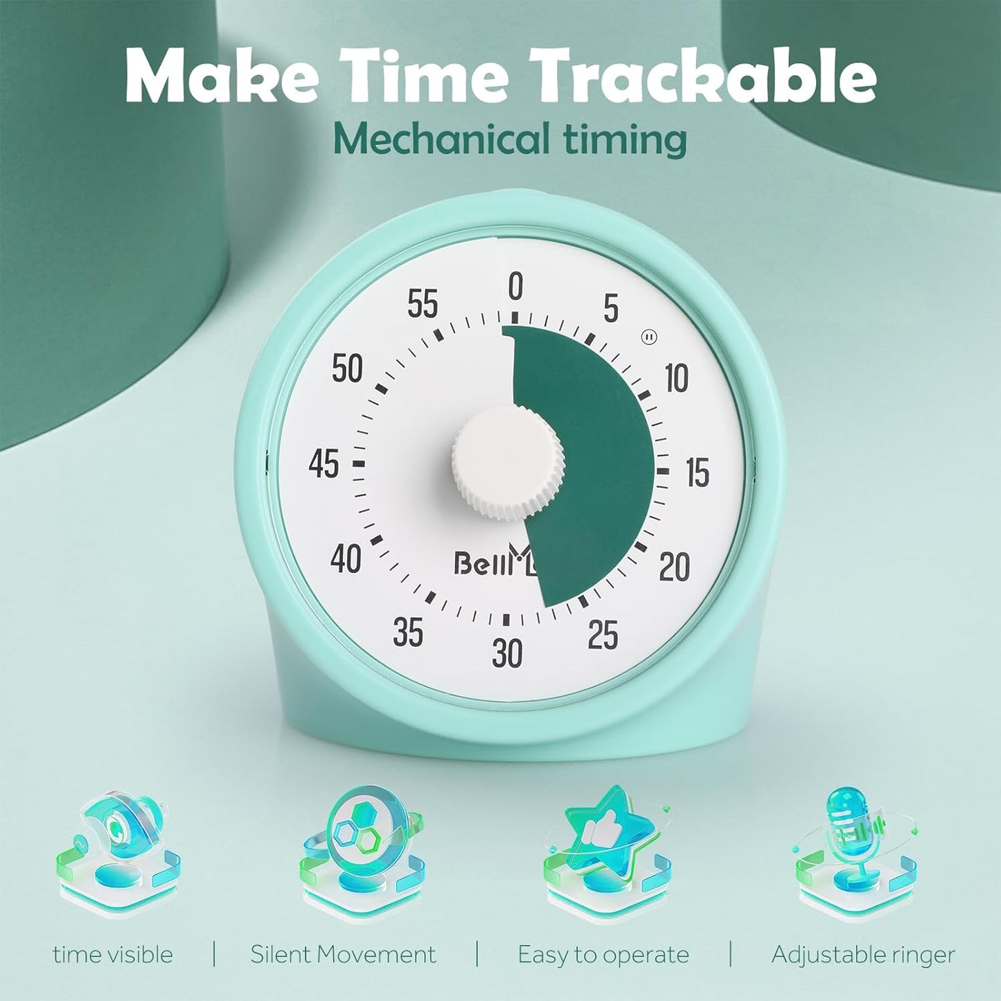 60-Minute Visual Timer for Kids, Silent Countdown Clock with Color Dial, No-Ticking Analog Timer for Classroom, Home, Time Management Fern Green