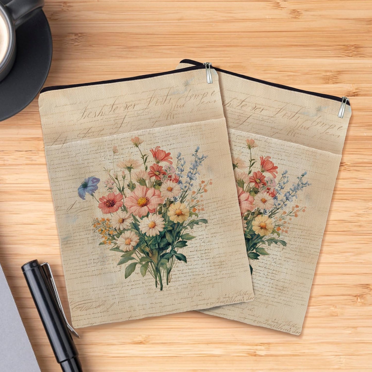 Vintage Flower Book Cover, Book Sleeve with Zipper & Front Pocket, Reusable Book Pouch, Butterfly Floral Linen Prints Book Sleeve for Book Lovers, Bookish Gifts (Wildflower3, Large)