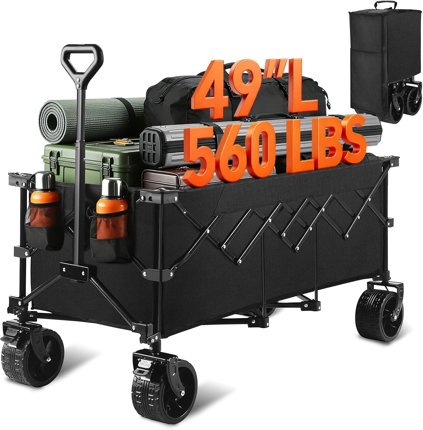 49''L Collapsible Foldable Extended Wagon with 560lbs Weight Capacity, Heavy Duty 300L Folding Utility Garden Cart with Big All-Terrain Beach Wheels & Drink Holders. Black