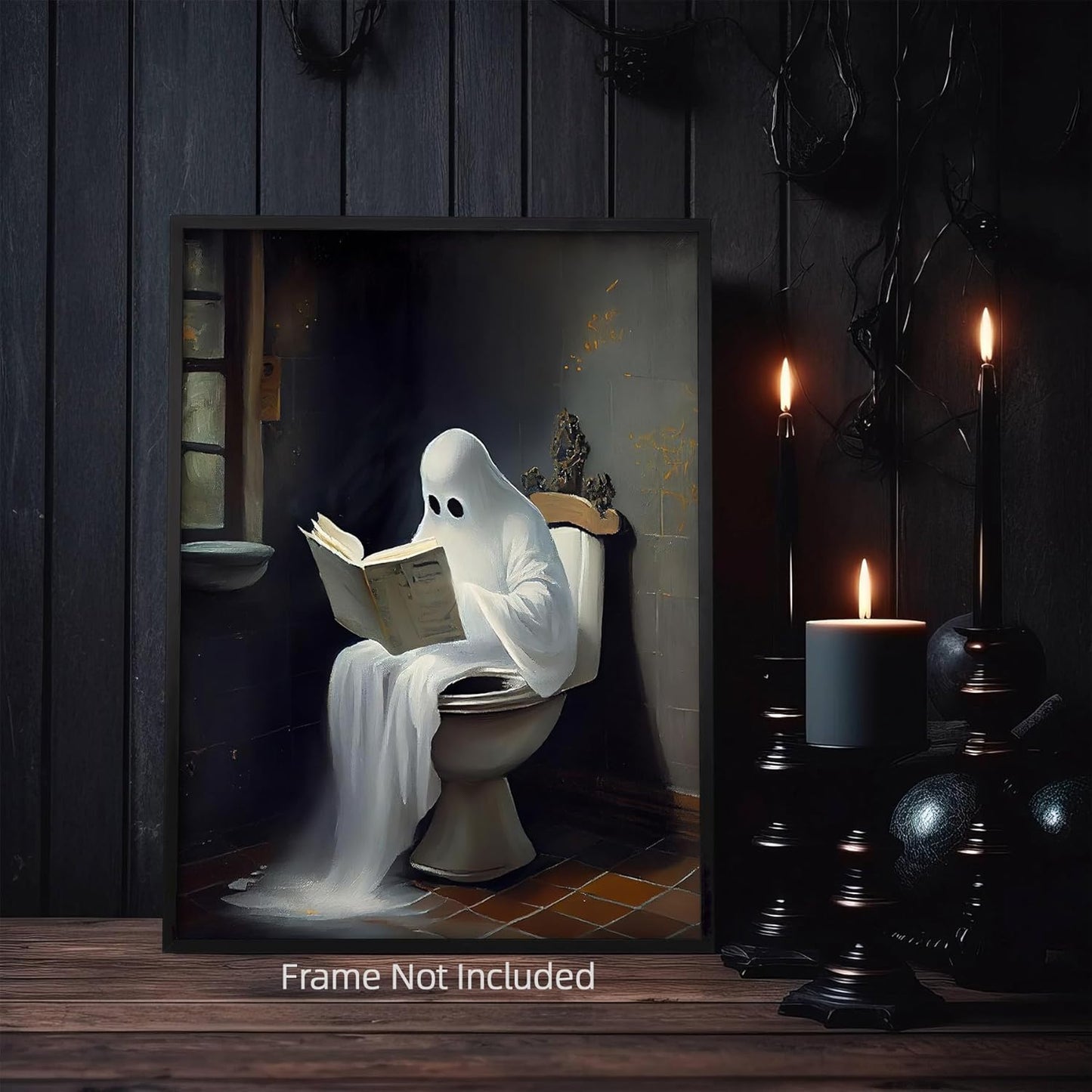 Vintage Cute Ghost on Toliet Reading Book Canvas Wall Art Gothic Victorian Aesthetic Posters Dark Academia Room Decor Fun Halloween Painting Horror Ghost Print in Bathroom 12x16in Unframed