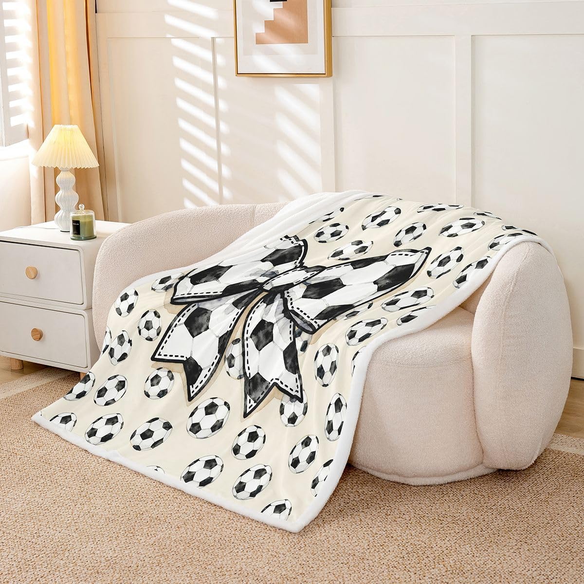 Feelyou Cartoon Football Bow Sherpa Throw Blanket for Couch Cute Bowknot Super Soft Cozy Fleece Soccer Sports Blanket for Winter, Plush Throw Baby 30"x40" All Season