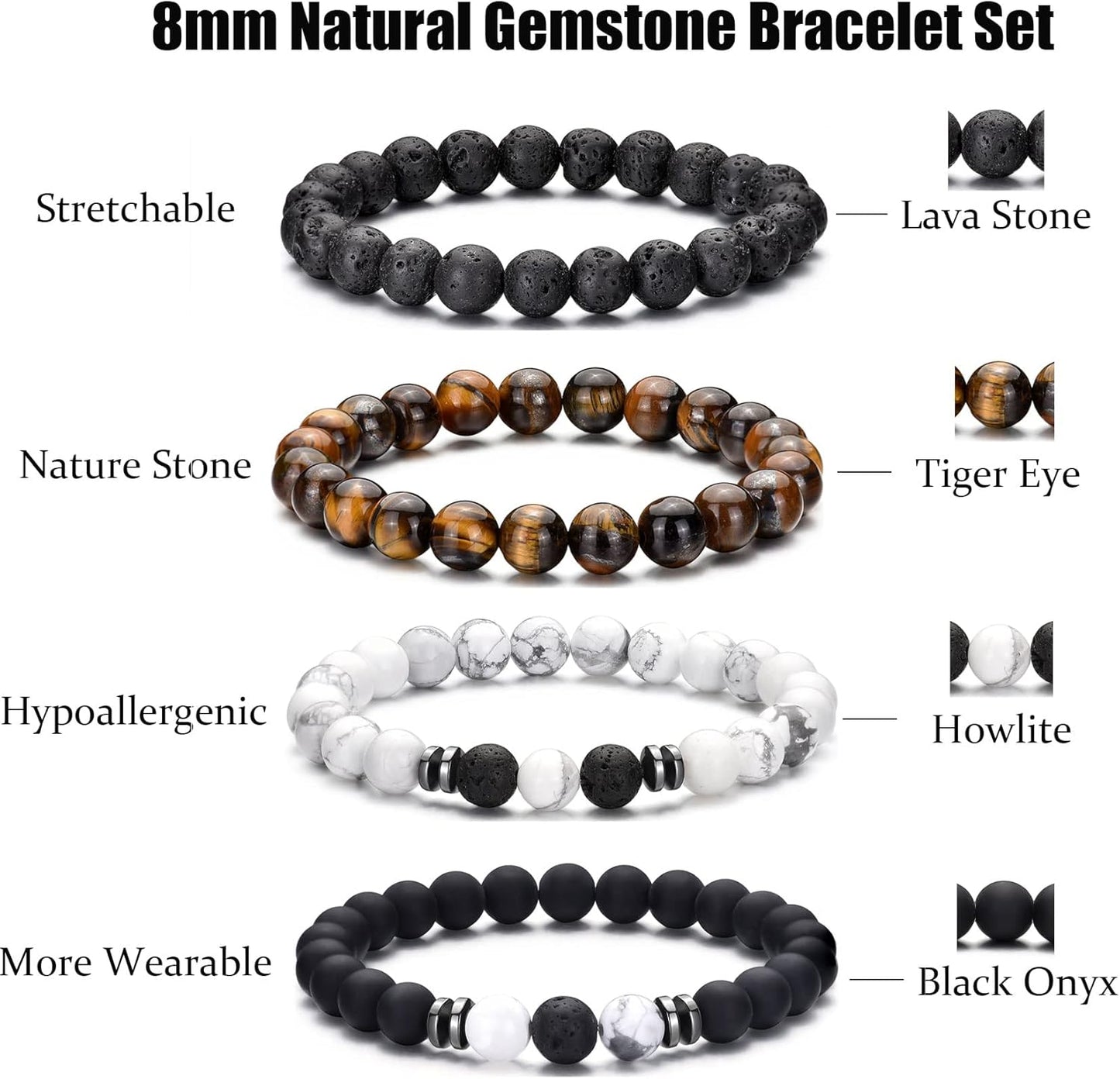 RANKEEF Tiger Eye Bracelet For Men 8MM Natural Stone Stretch Adjustable Black Crystal Beaded Bracelet for Men Women Gifts