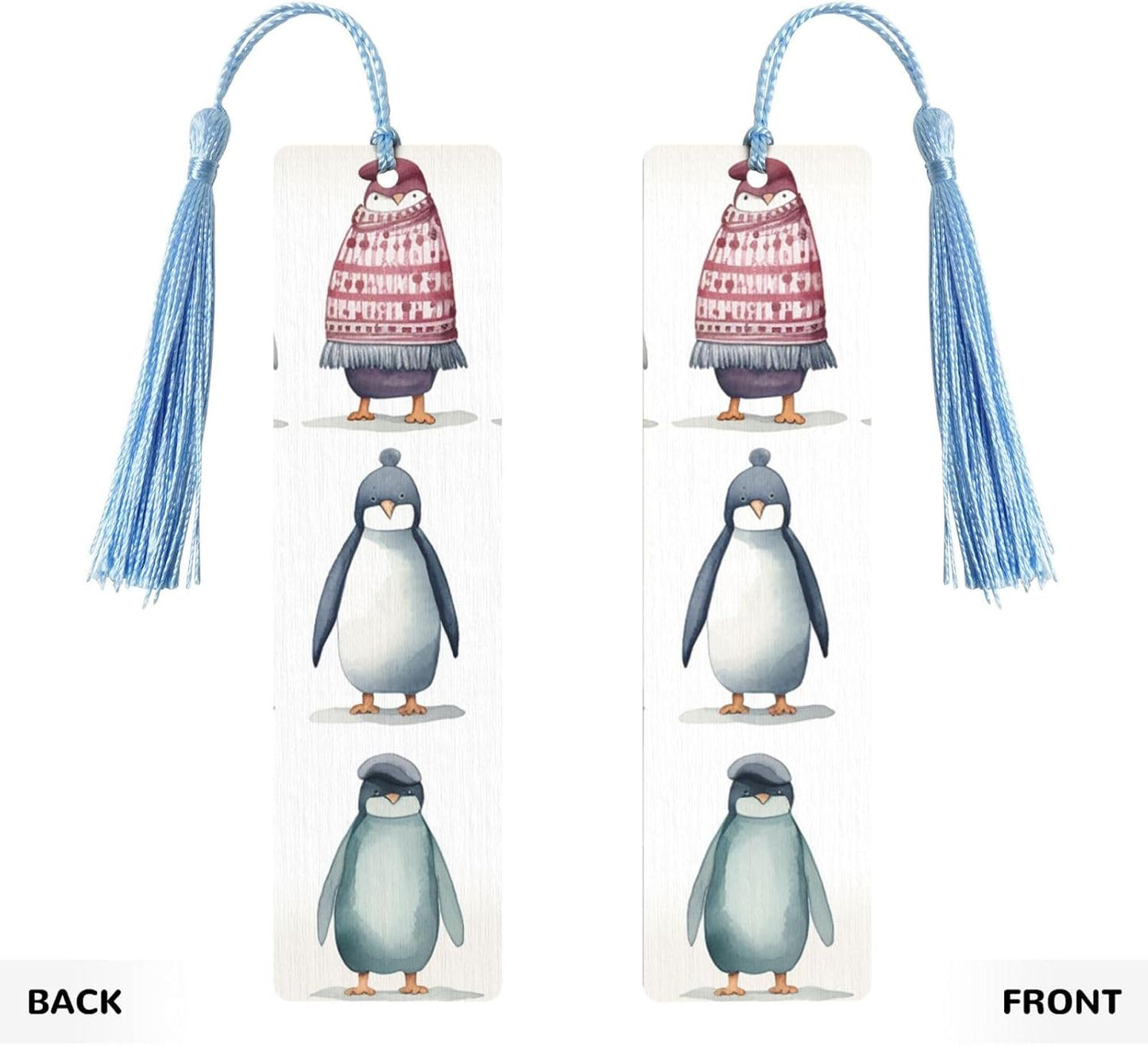Penguin Wearing Clothes Bookmarks Gifts for Women Men, Wooden Bookmarks for Book Lovers, Vintage Book Marks Ornaments with Tassel, Unique Personalized Reading Page Markers Sky Blue