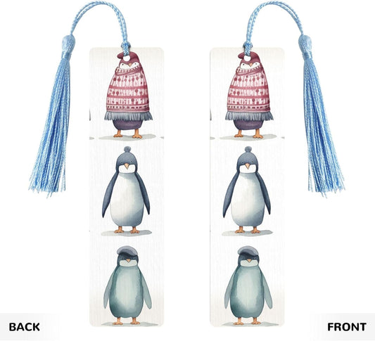 Penguin Wearing Clothes Bookmarks Gifts for Women Men, Wooden Bookmarks for Book Lovers, Vintage Book Marks Ornaments with Tassel, Unique Personalized Reading Page Markers Sky Blue