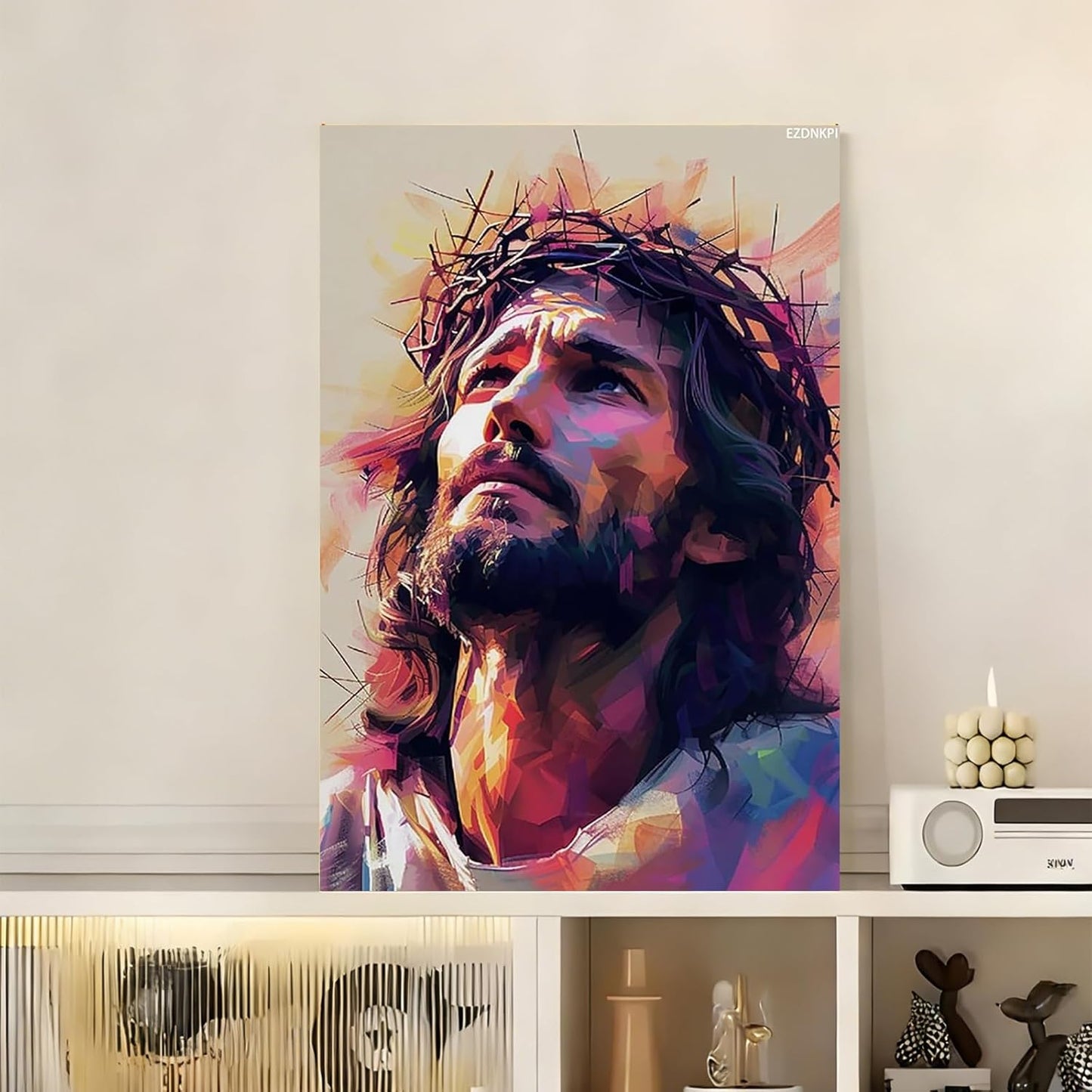 Jesus Persecution Canvas Oil Painting Style Wall Art Crown of Thorns Catholic God Poster Print Artwork Picture for Bedroom Room Decor 8x12inch Framed