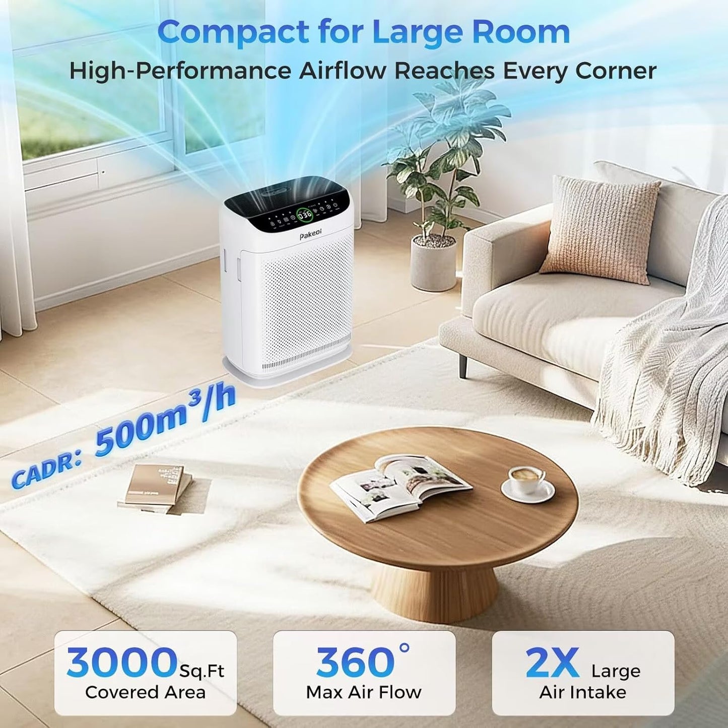 Air Purifiers for Home Large Room Up to 3000 Ft² With Double Air Intake,PAKEOI HEPA Air Purifier for Bedroom With Washable Pre-Filters, Remote Control, 15dB Sleep Mode,Air Cleaner for Pets Dust, White