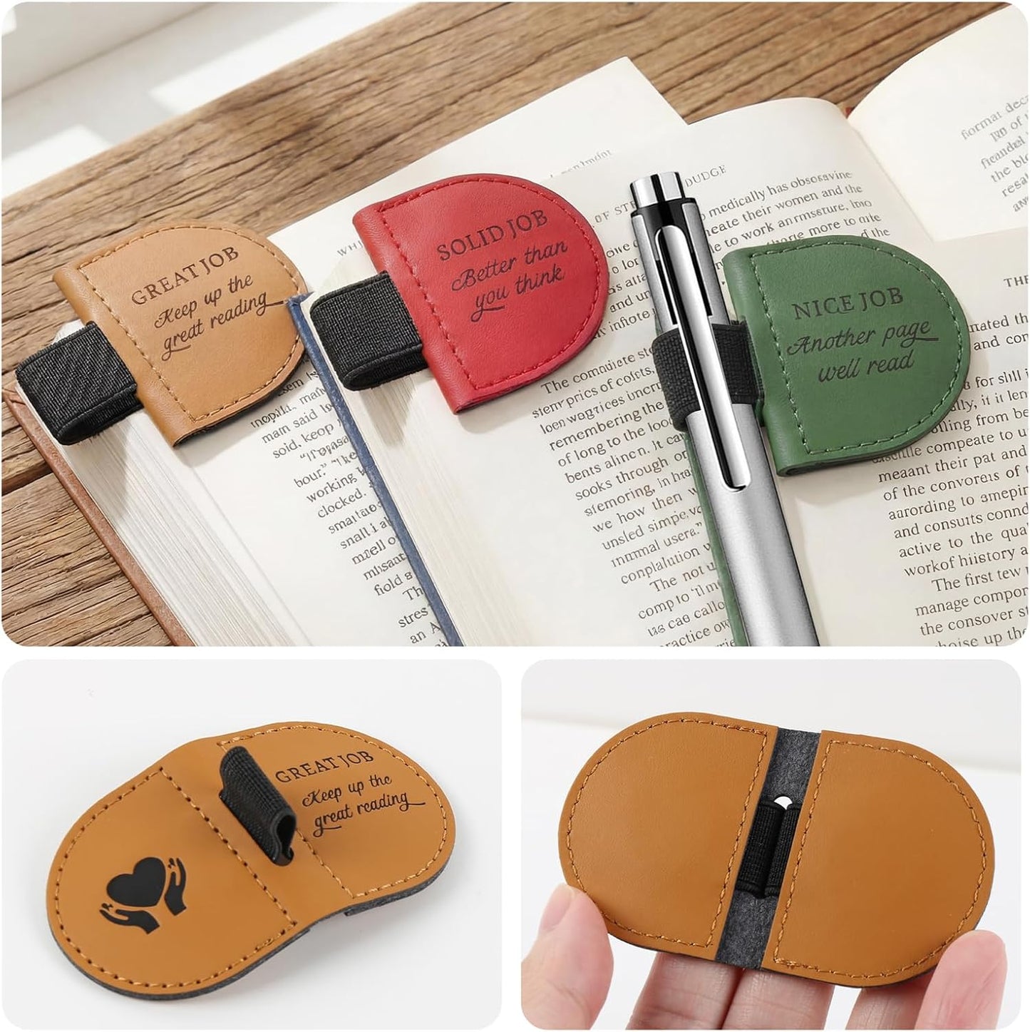 Magnetic Bookmark with Pen Holder for Reading, PU Leather Bookmark Clip for Books, Study Accessories for Students Teachers, Book Lover Gifts（3PC）