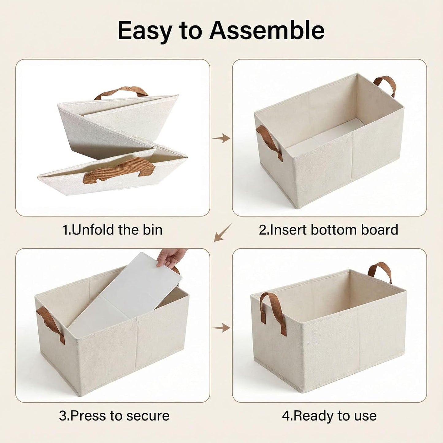 3 Pack Storage Bins Fabric Collapsible Organizers with Handles Sturdy Canvas with PP Board 17.9”x 11”x 7.9” Beige Foldable Storage Box for Closet Shelves, Books, Toys, Clothes, Office Organization