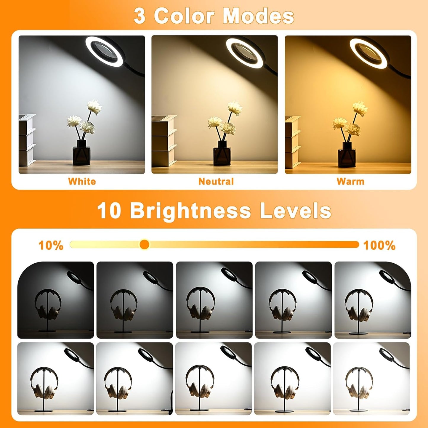 10X Magnifying Glass with Light and Timer, 2 in 1 Magnifying Desk Lamp, 3 Color Modes 10 Dimmable Brightness, Flexible Gooseneck Magnifier with Light for Craft Hobby Painting Sewing Close Work