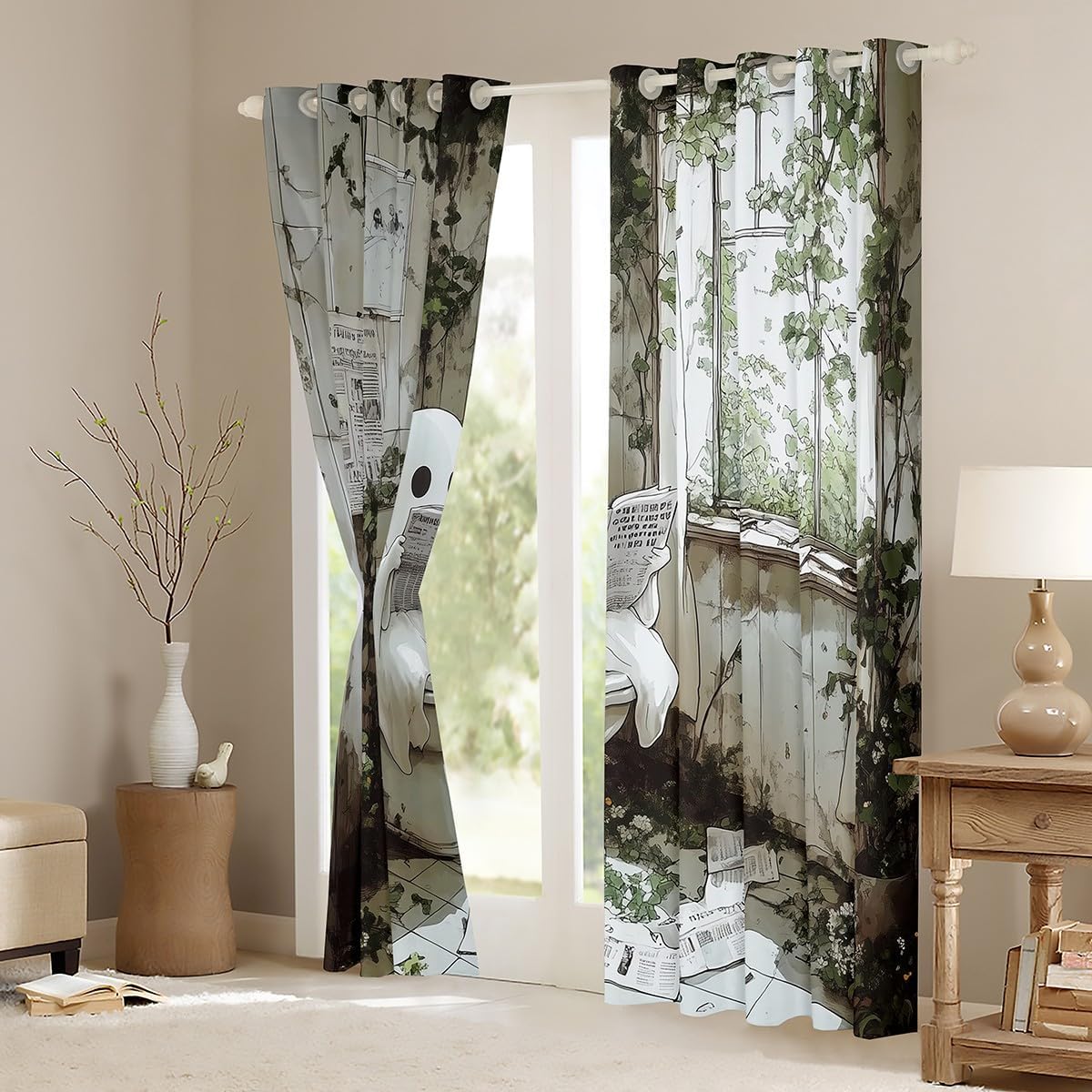 jejeloiu Cute Ghost Window Drapes (2 Panels, 52 x 84 Inch) Happy Halloween Blackout Shades Window Treatments for Kids White Ghost Festival Themed Reading Funny Curtains Room Darkening Curtain
